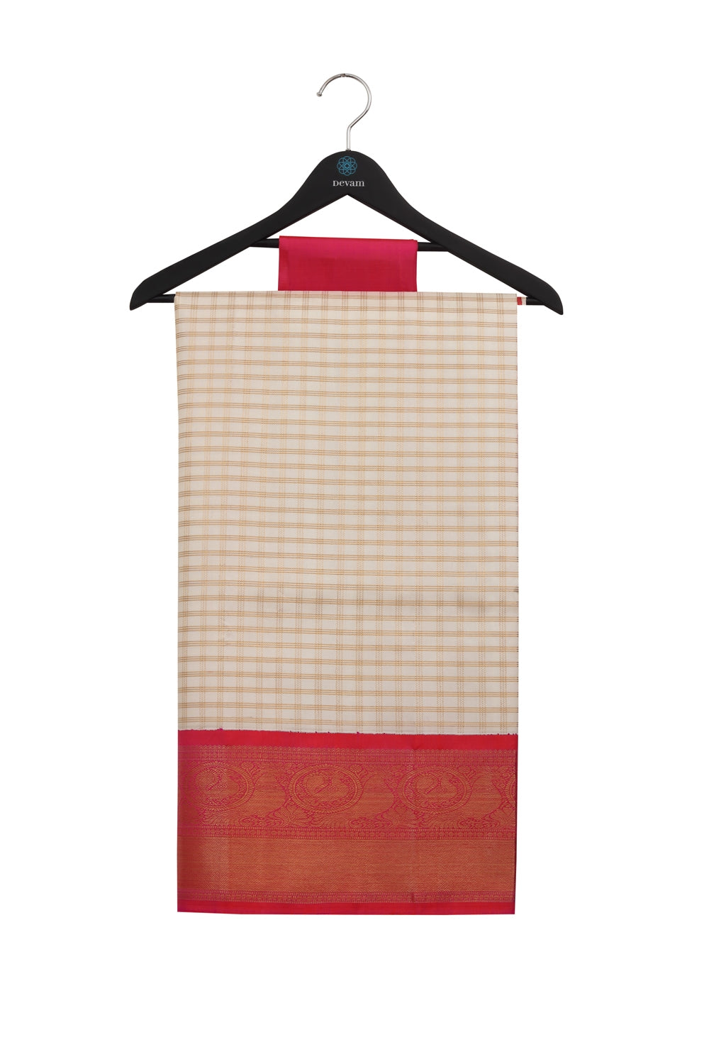 White & Real Jari Checkered Silk Kanjeevaram Saree Devam