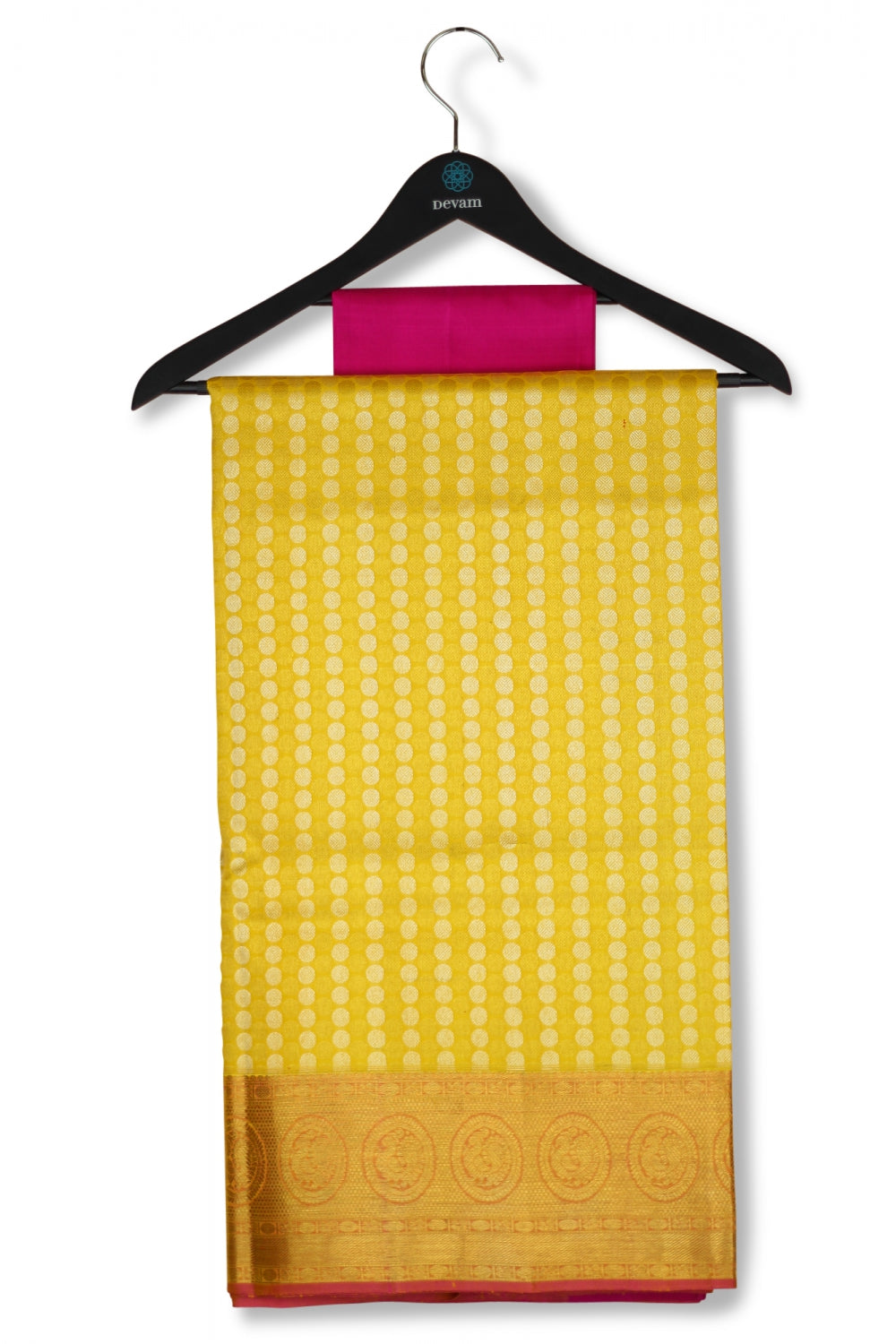 Yellow & Pink Real Jari Silk Kanjeevaram Saree Devam
