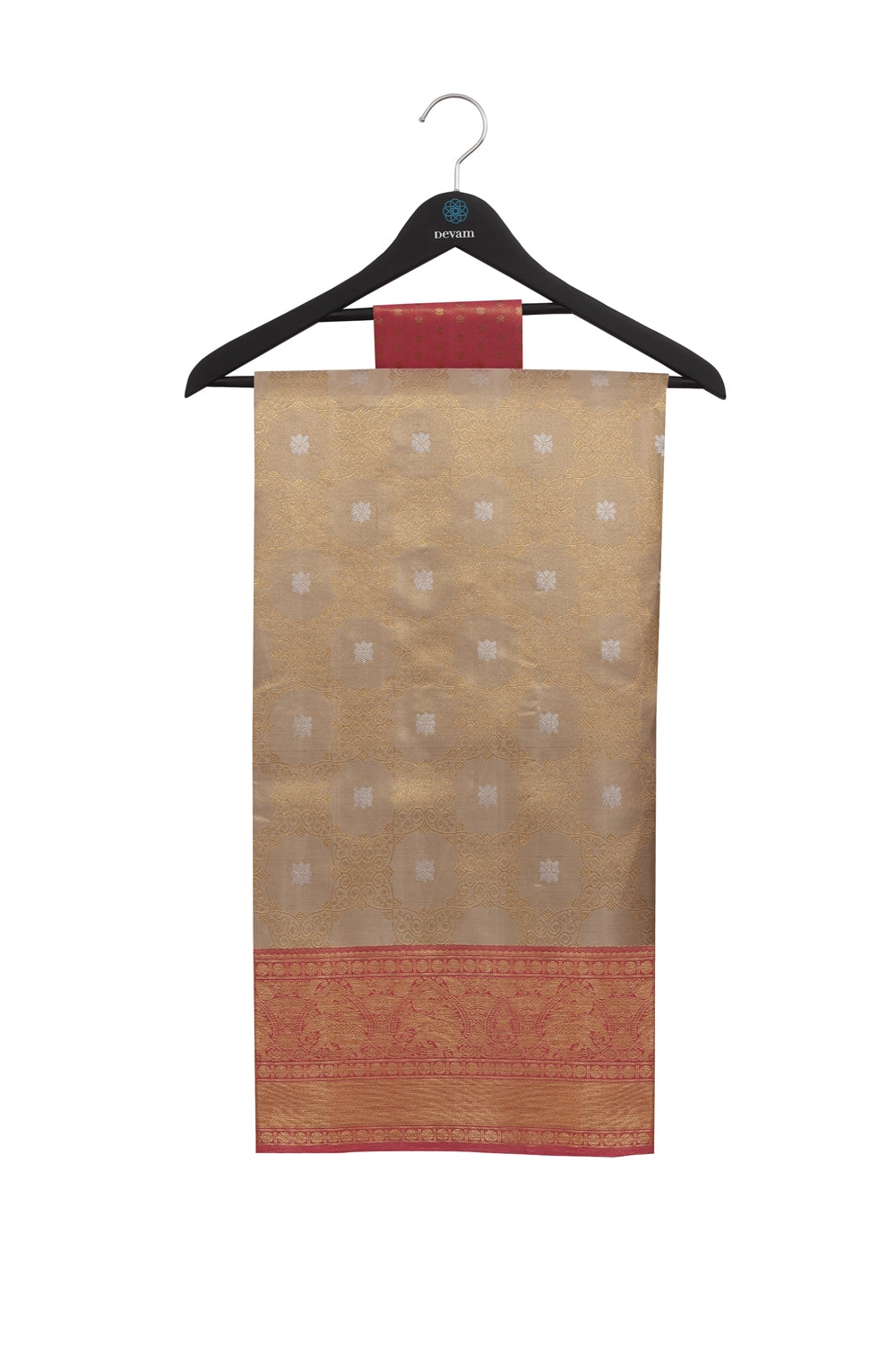 Real Jari Golden Lotus Brocade Silk Kanjeevaram Saree Devam