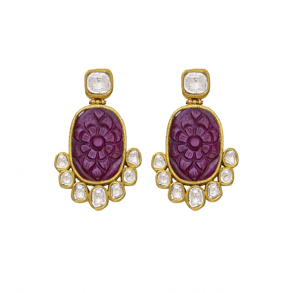 22k Yellow Gold Carved Floral Ruby Polki Diamond Earrings Devam