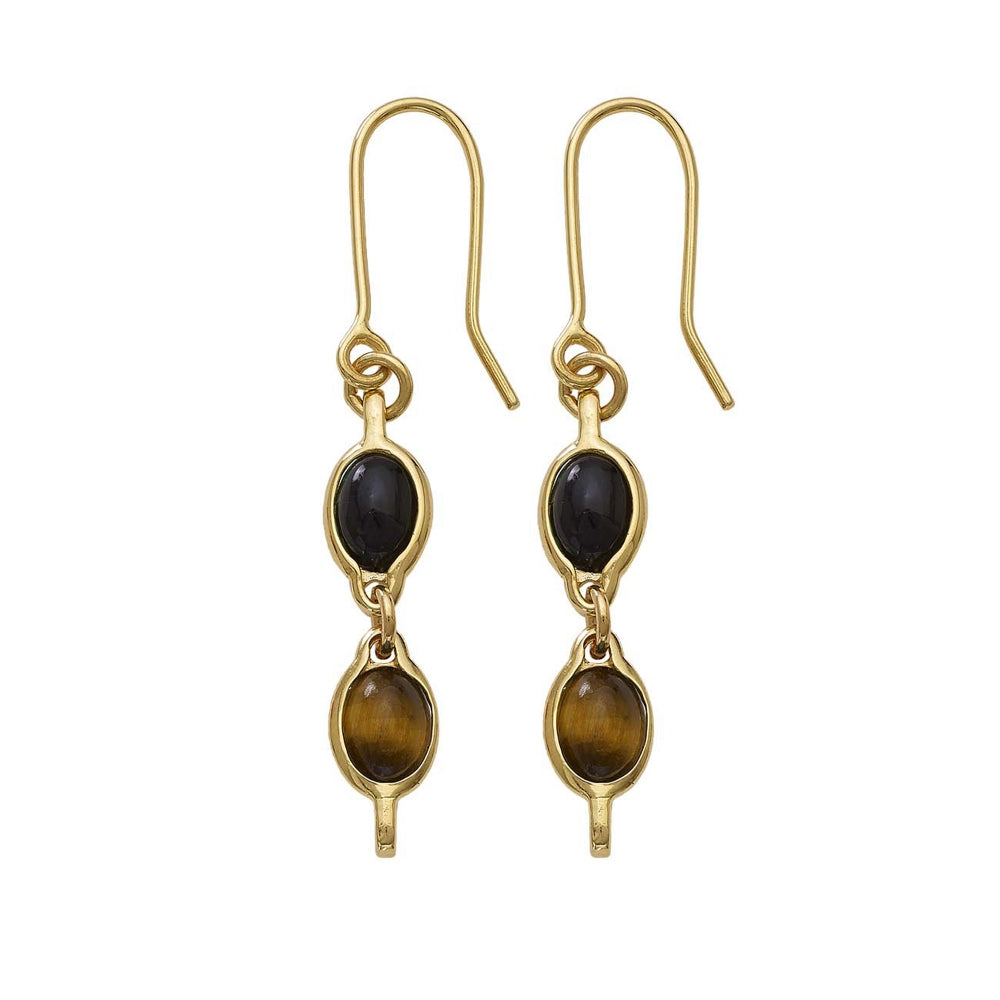 18k Gold Black Onyx & Tiger's Eye Duet Drop Earrings Devam