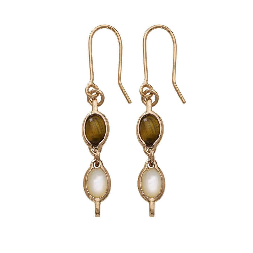 18k Gold Mother Of Pearl & Tiger's Eye Duet Drop Earrings Devam