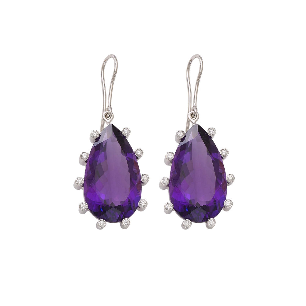 18k Gold Purple Amethyst & Diamond Pear Drop Earrings Devam