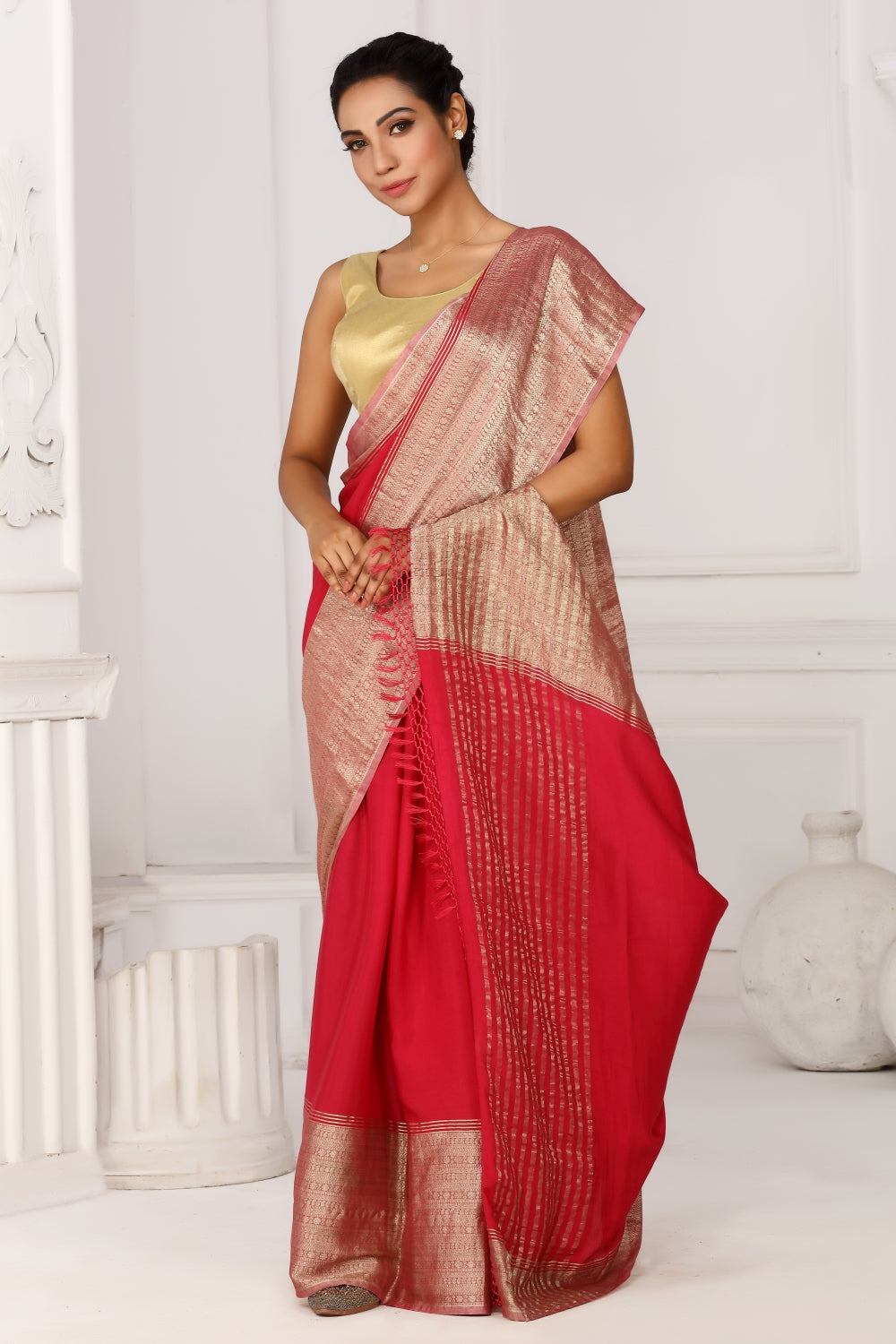 Red & Gold in Mysore Crepe Silk Devam