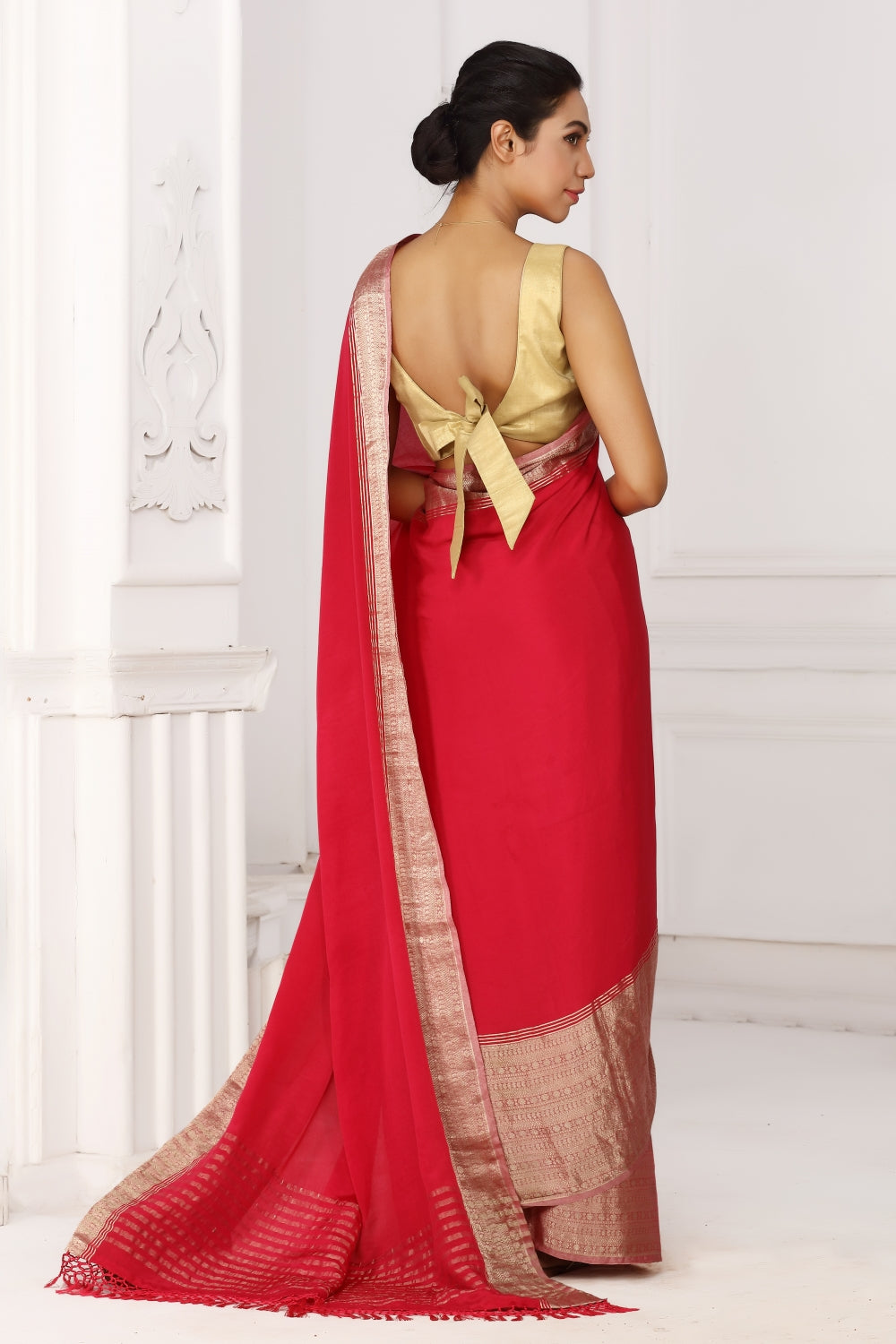 Red & Gold in Mysore Crepe Silk Devam