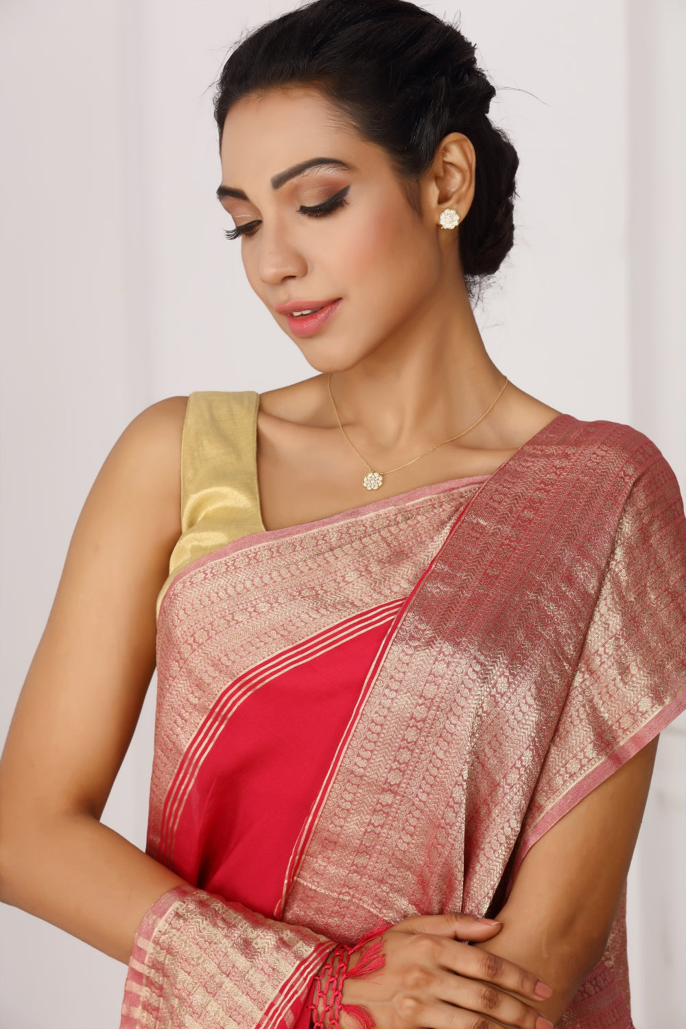 Red & Gold in Mysore Crepe Silk Devam