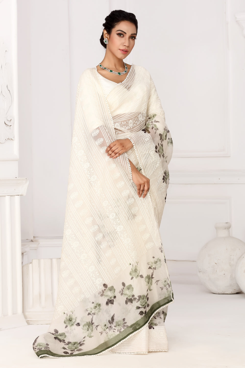 Kora Organza in White & Leaf Green Devam