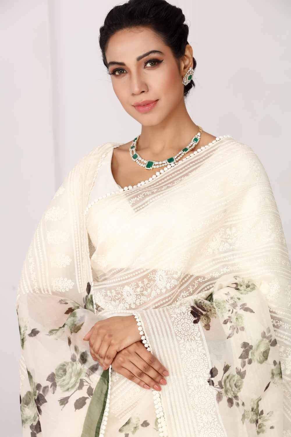 Kora Organza in White & Leaf Green Devam