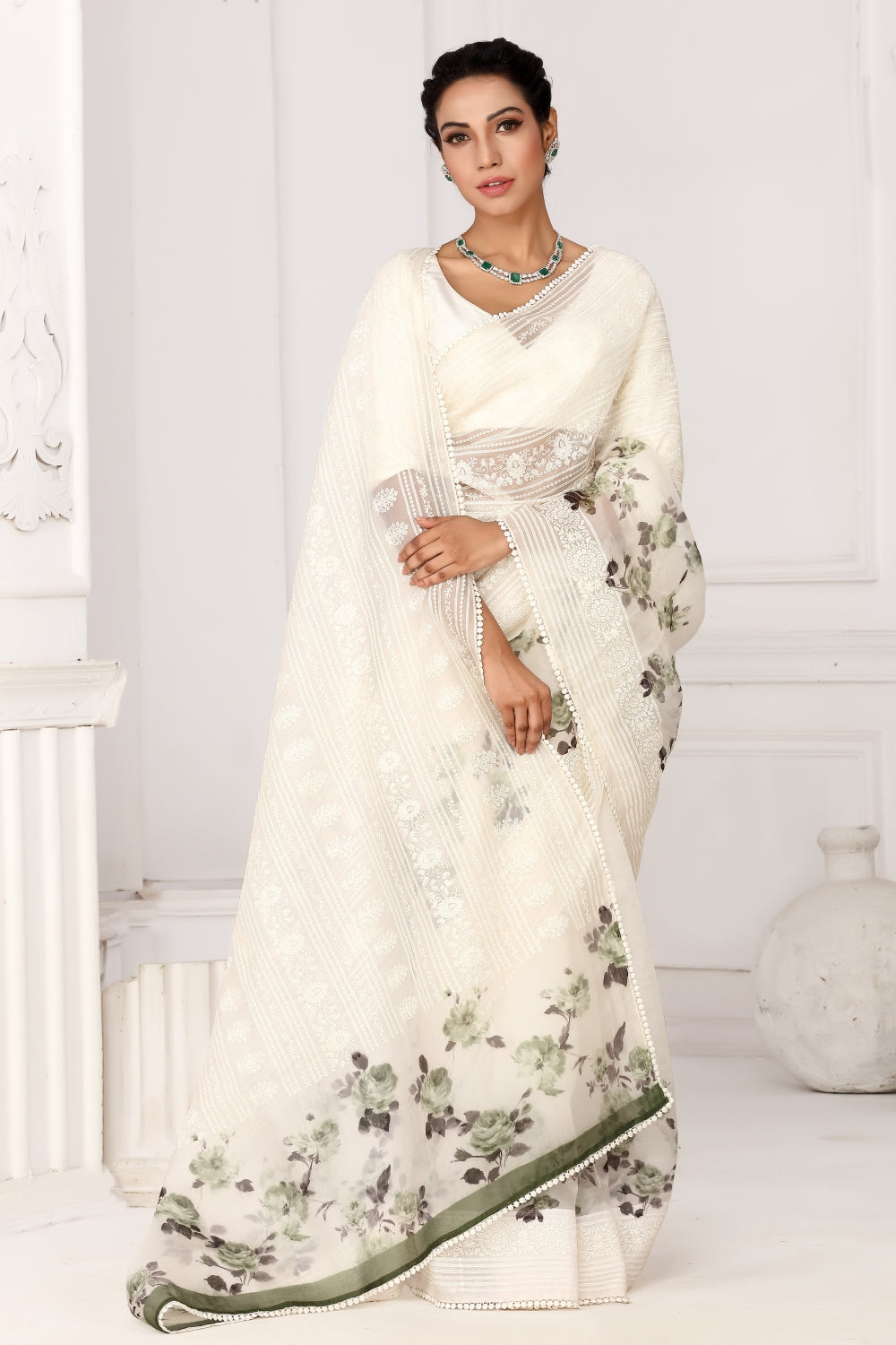 Kora Organza in White & Leaf Green Devam