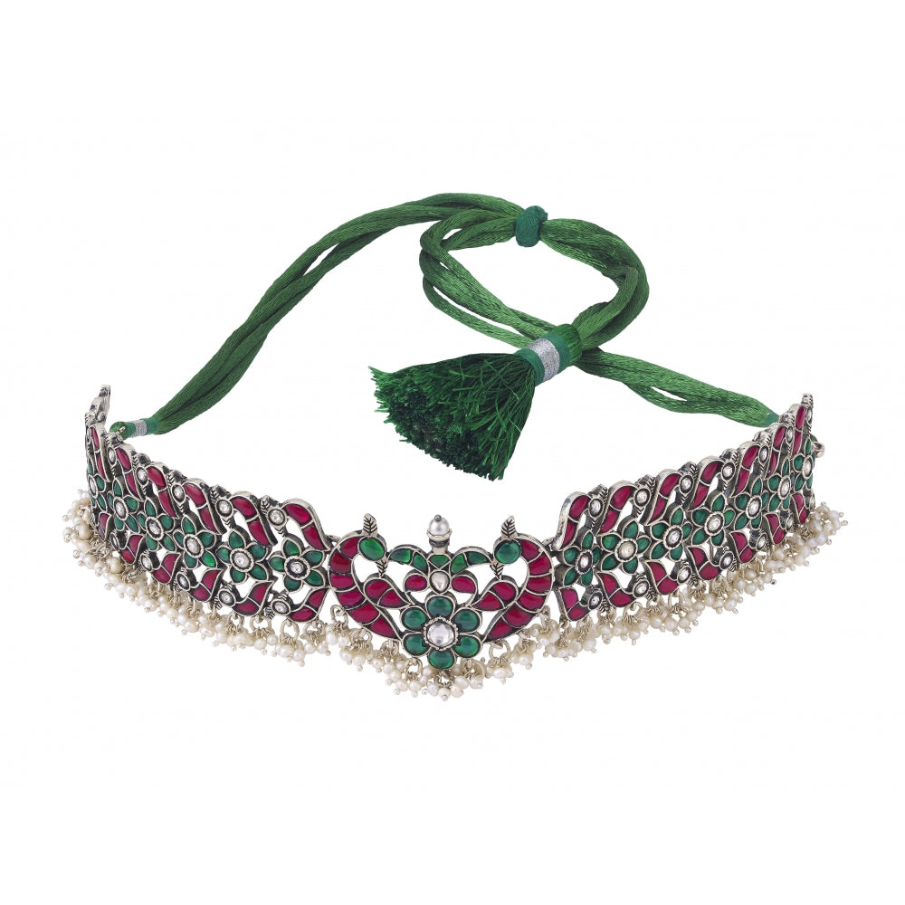 Handcrafted Silver Choker With Red & Green Stones Devam