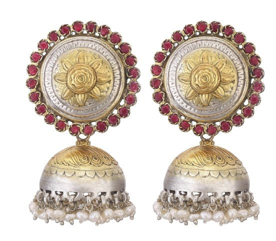 Dual Tone Dual Finish Silver Floral Jhumka Earrings with Ruby Accents and Pearl Droplets