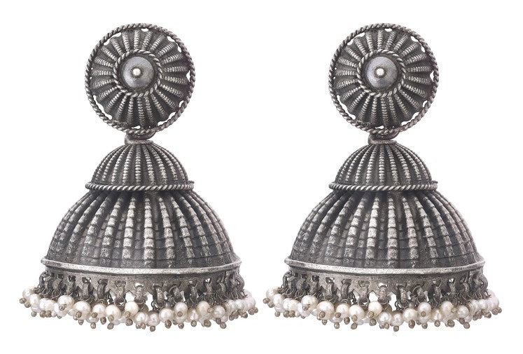 Antique Oxidized Silver Jhumka Earrings with Pearl Bead Accents