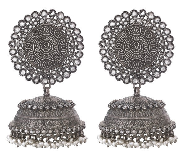 Antique Silver Mandala Jhumka Earrings with White Stone and Pearl Accents