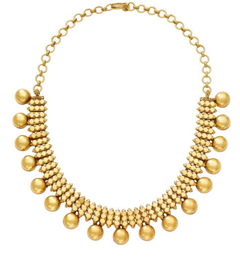 Silver Antique Gold Toned Geometric Collar Necklace with Smooth Orb Drops