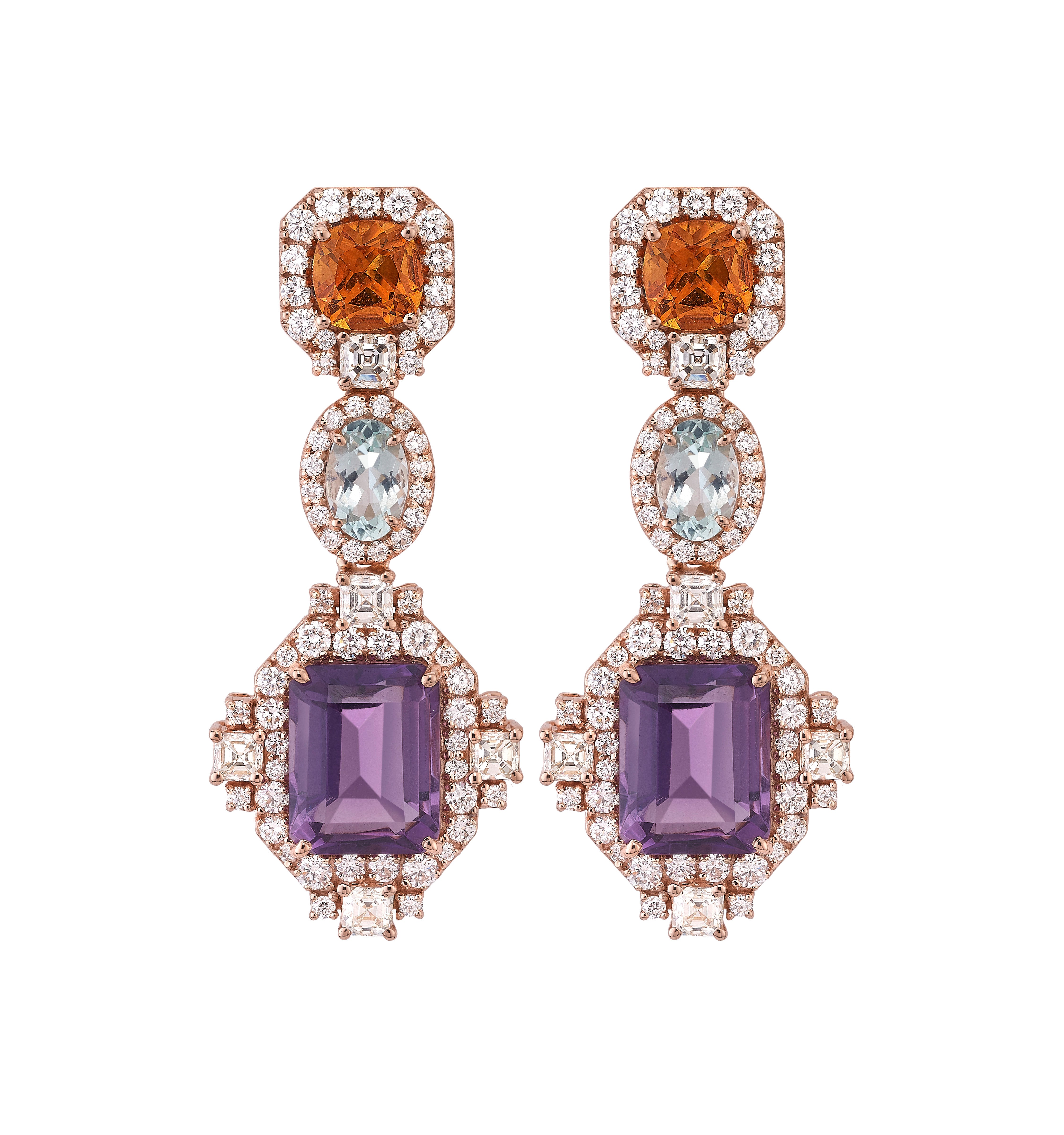 18KT Rose Gold Multi-Gemstone Diamond Drop Earrings