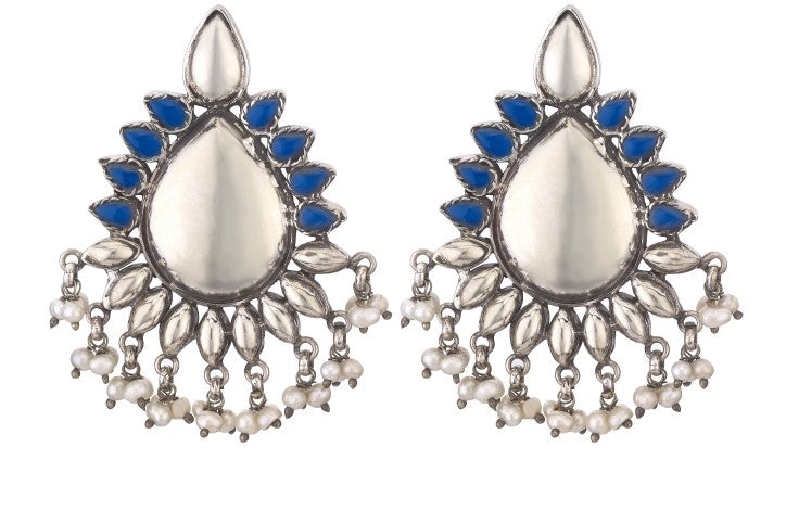 Silver Teardrop Statement Earrings with Royal Blue Inlays and Pearl Clusters