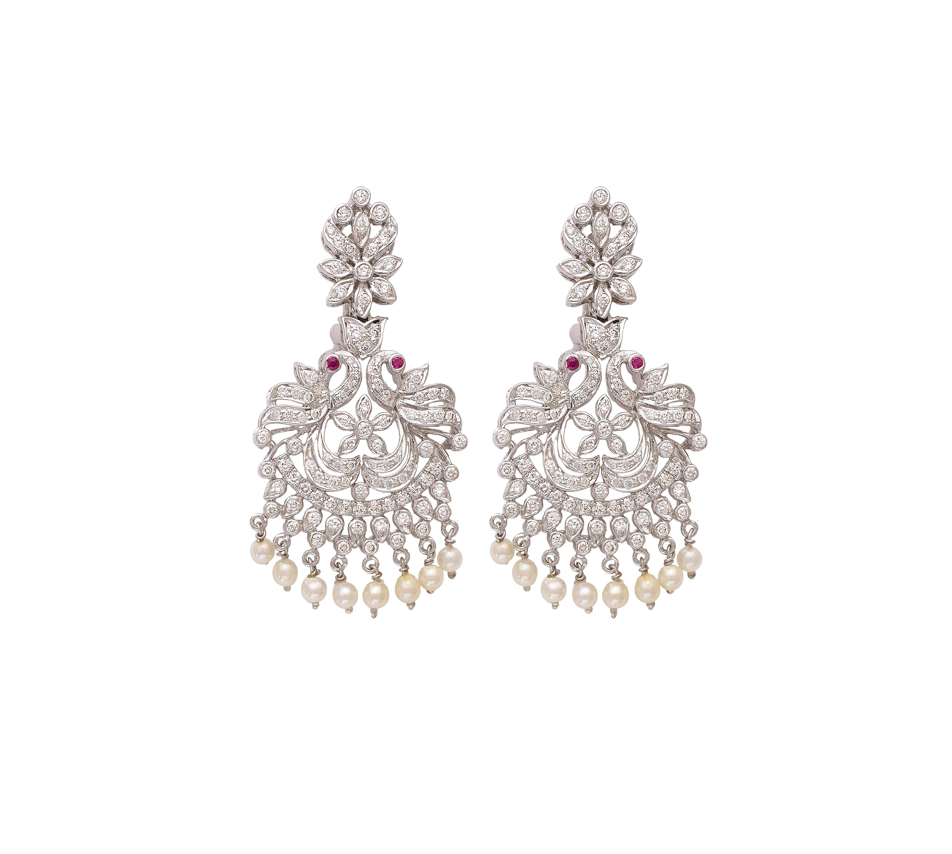 Round-cut Diamonds and Cultured Pearls  pair of earrings