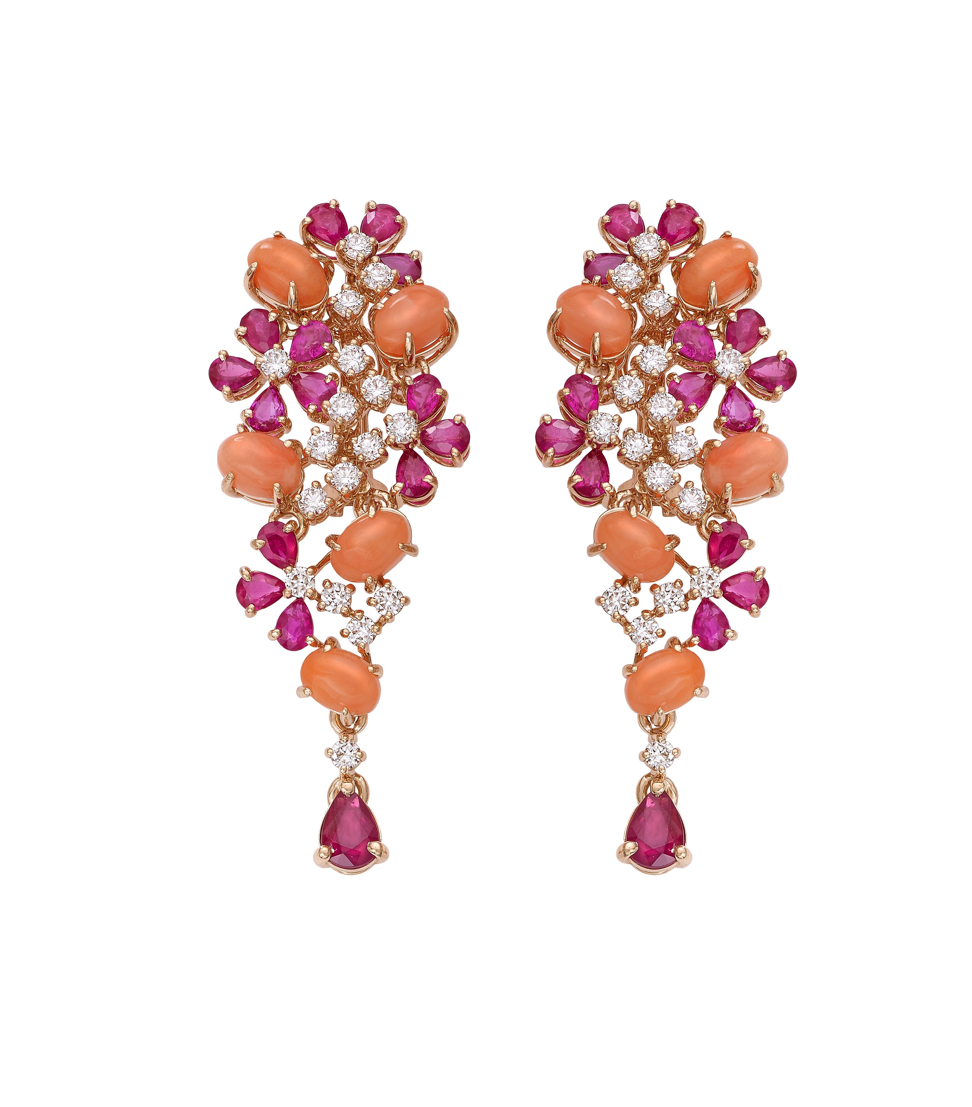 18k Rose Gold Earrings with Coral, Rubies & White Round Diamonds