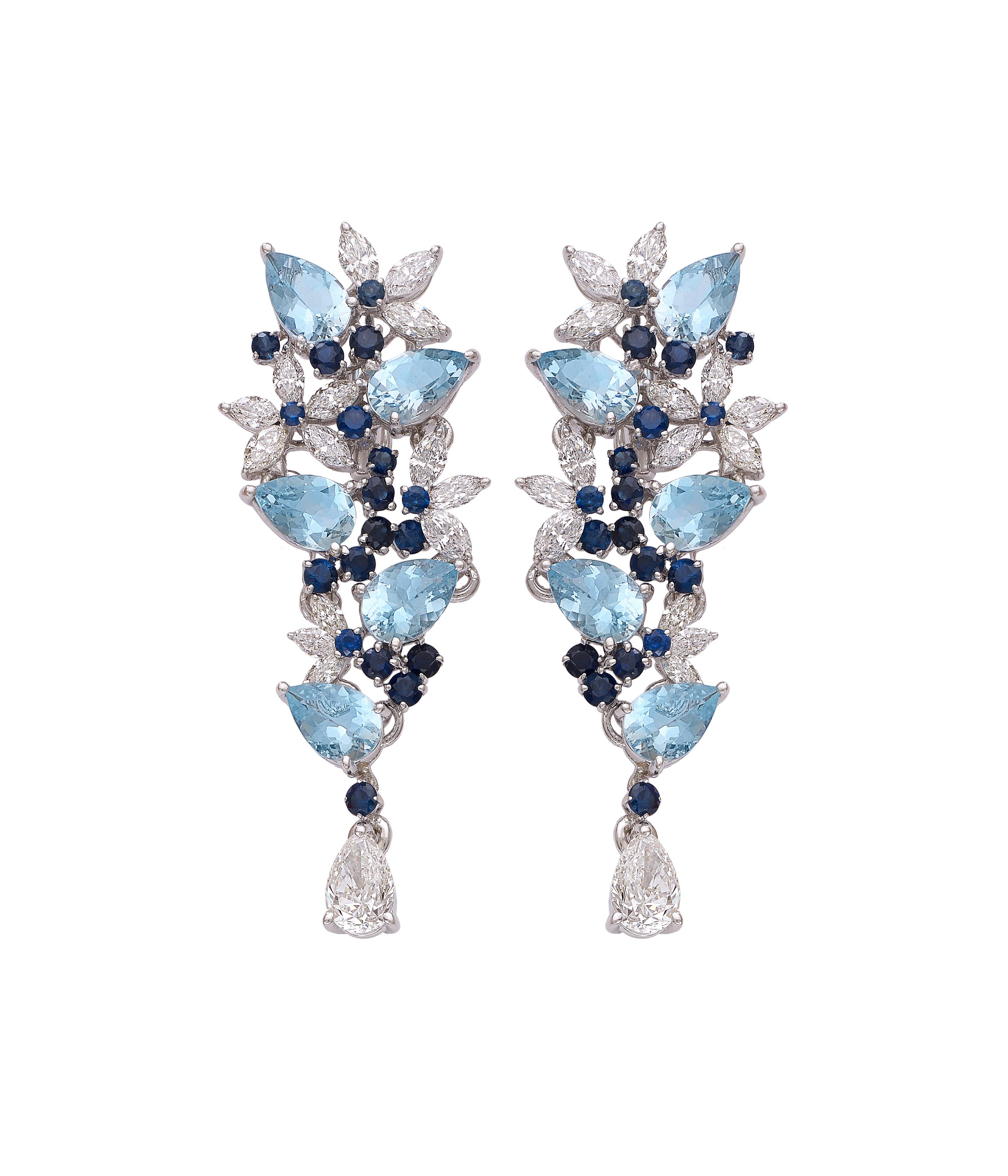 18k White Gold Earrings with Aquamarine, Blue Sapphires & White Diamonds