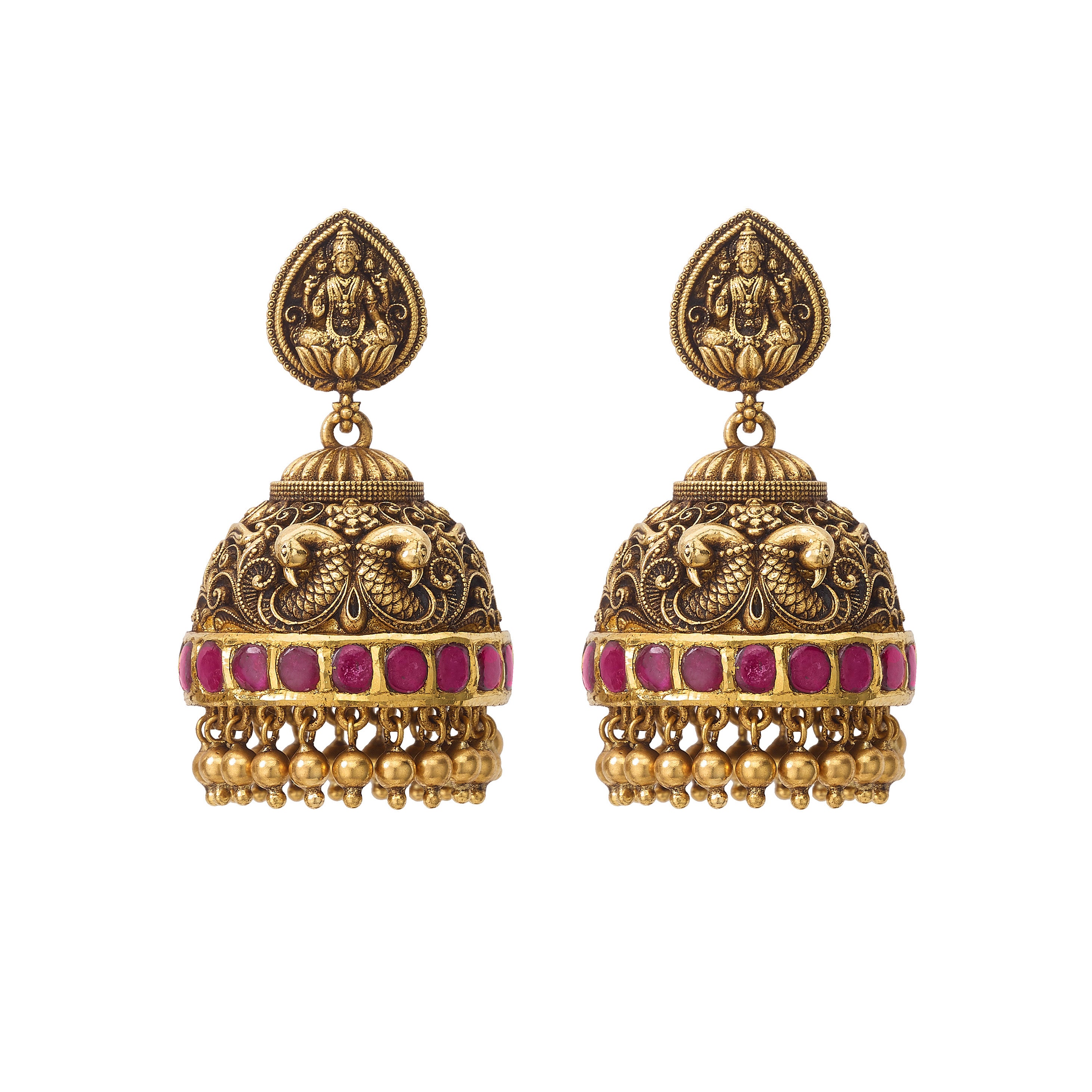 22k Gold Jhumka Bird Earrings with Rubies