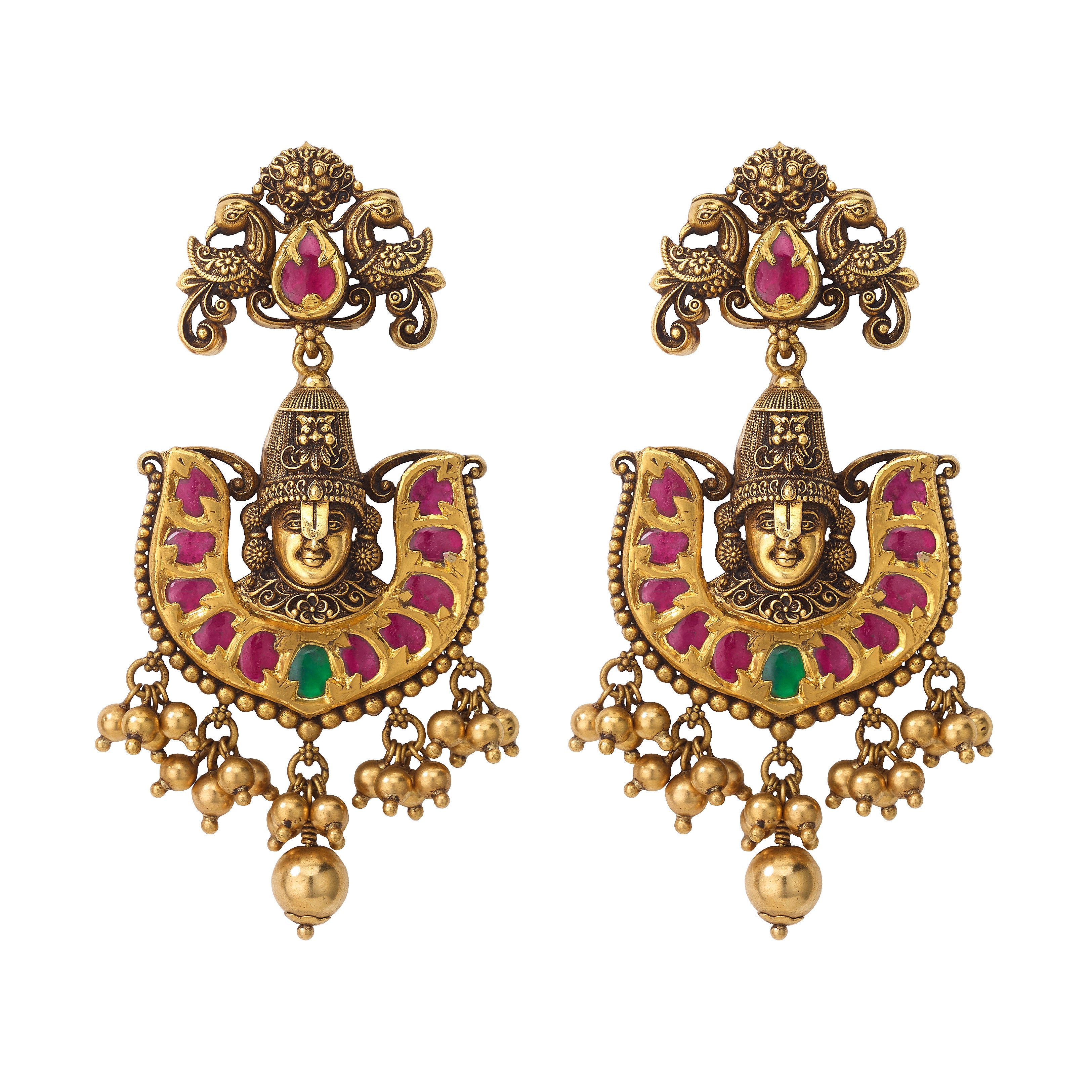 22k Gold Chand Bali Earrings with Rubies and Emeralds