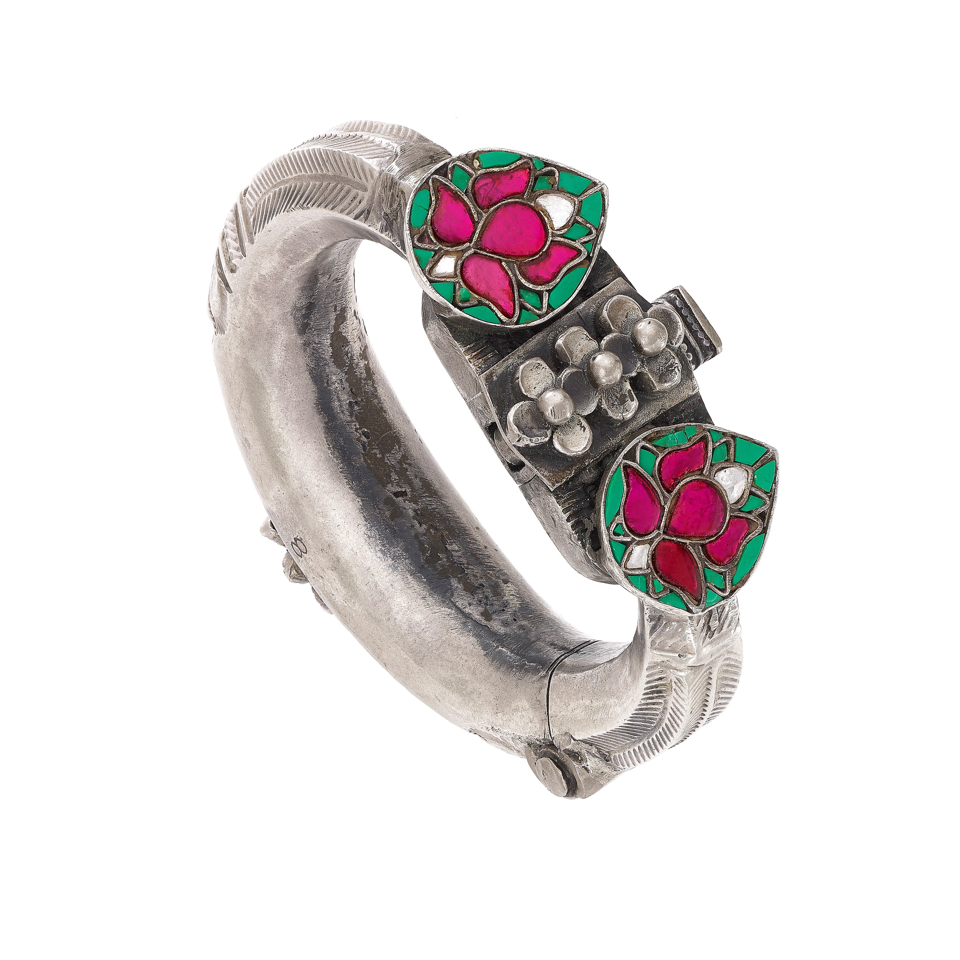 Vintage Oxidized Silver Tribal Kada Bangle with Enamel Lotus Motifs