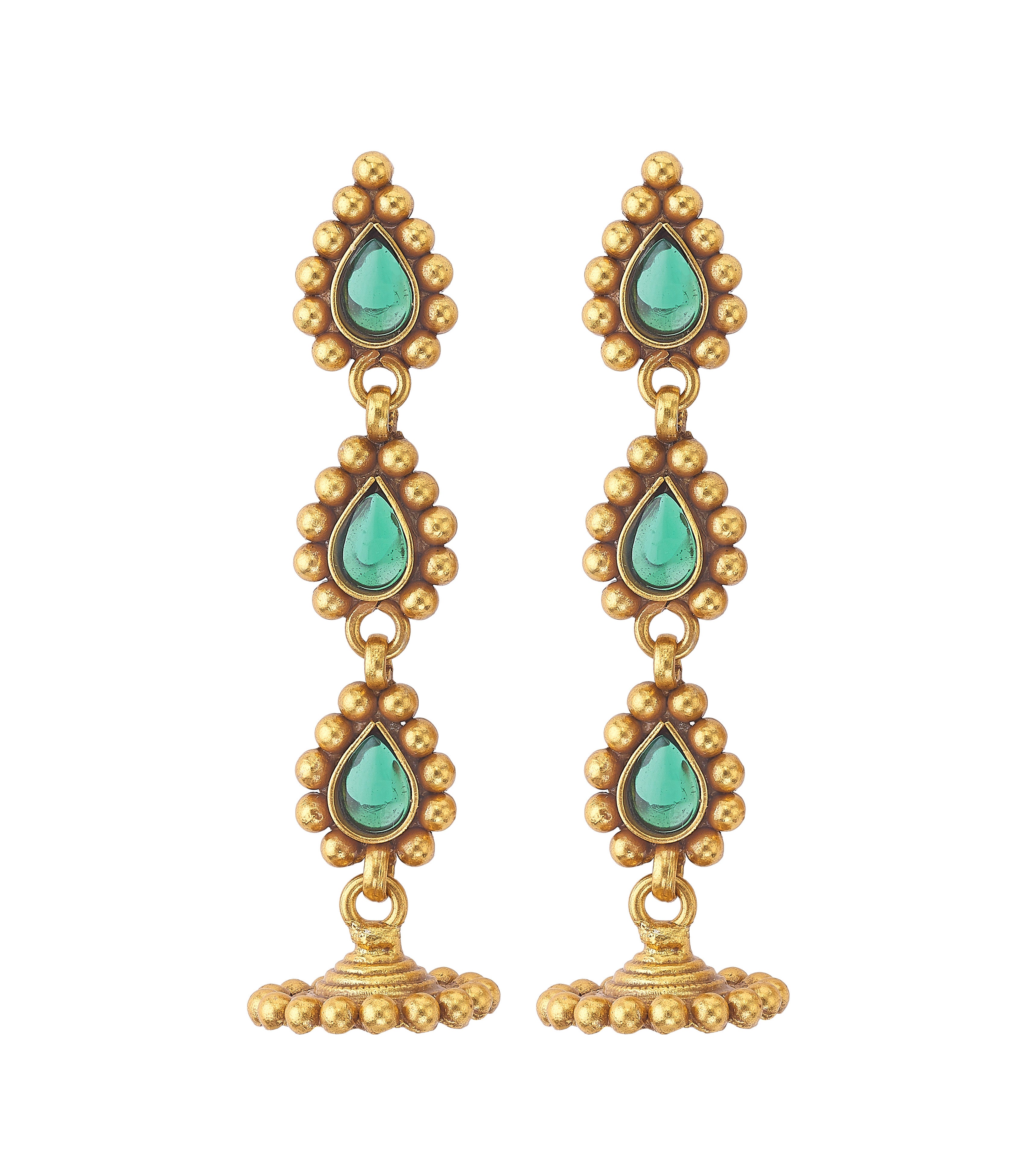 Silver Antique Gold-Toned Three-Tier Green Stone Drop Earrings