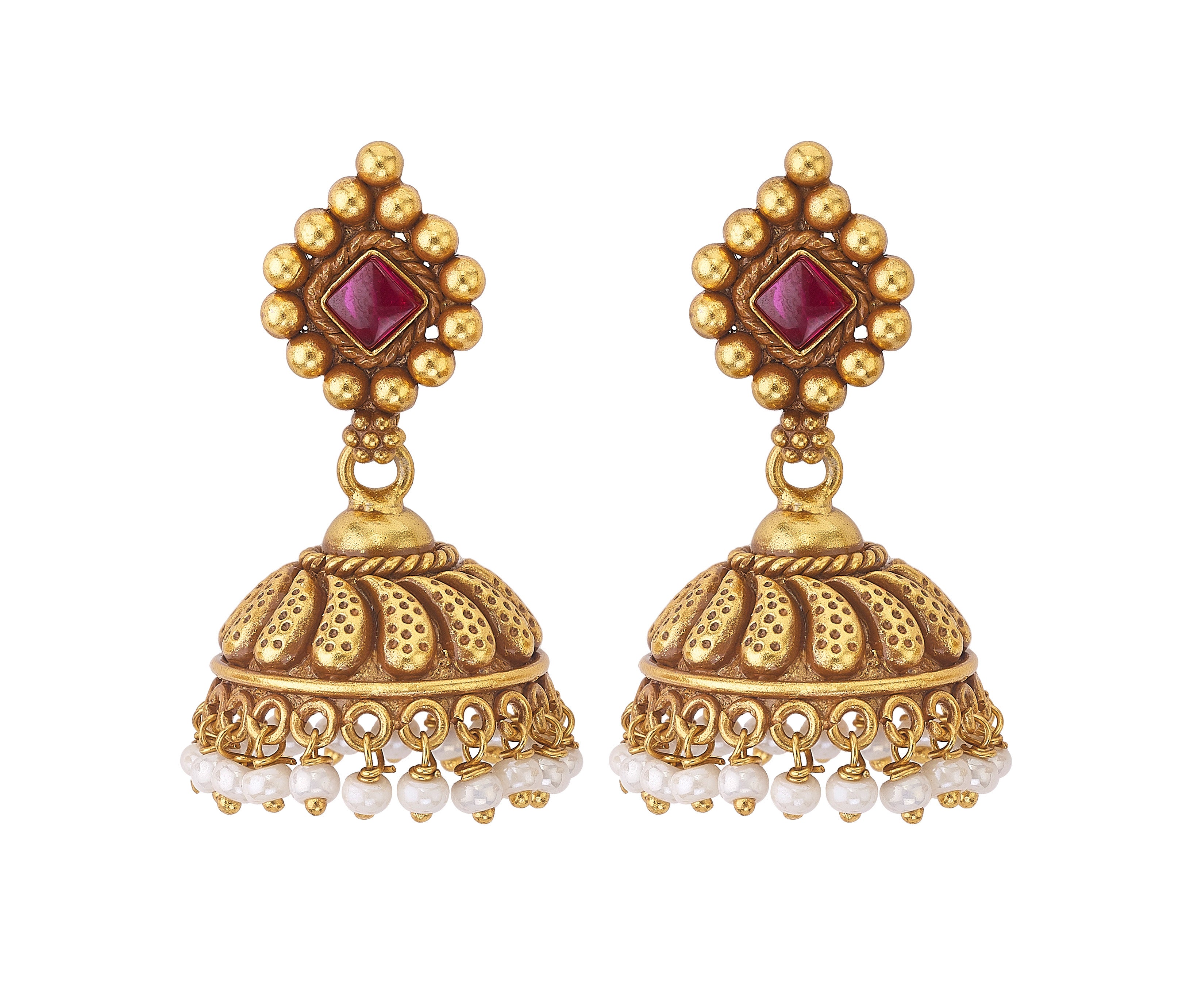 Silver Antique Gold Toned Ruby-Style Stud Jhumka Earrings with Pearls
