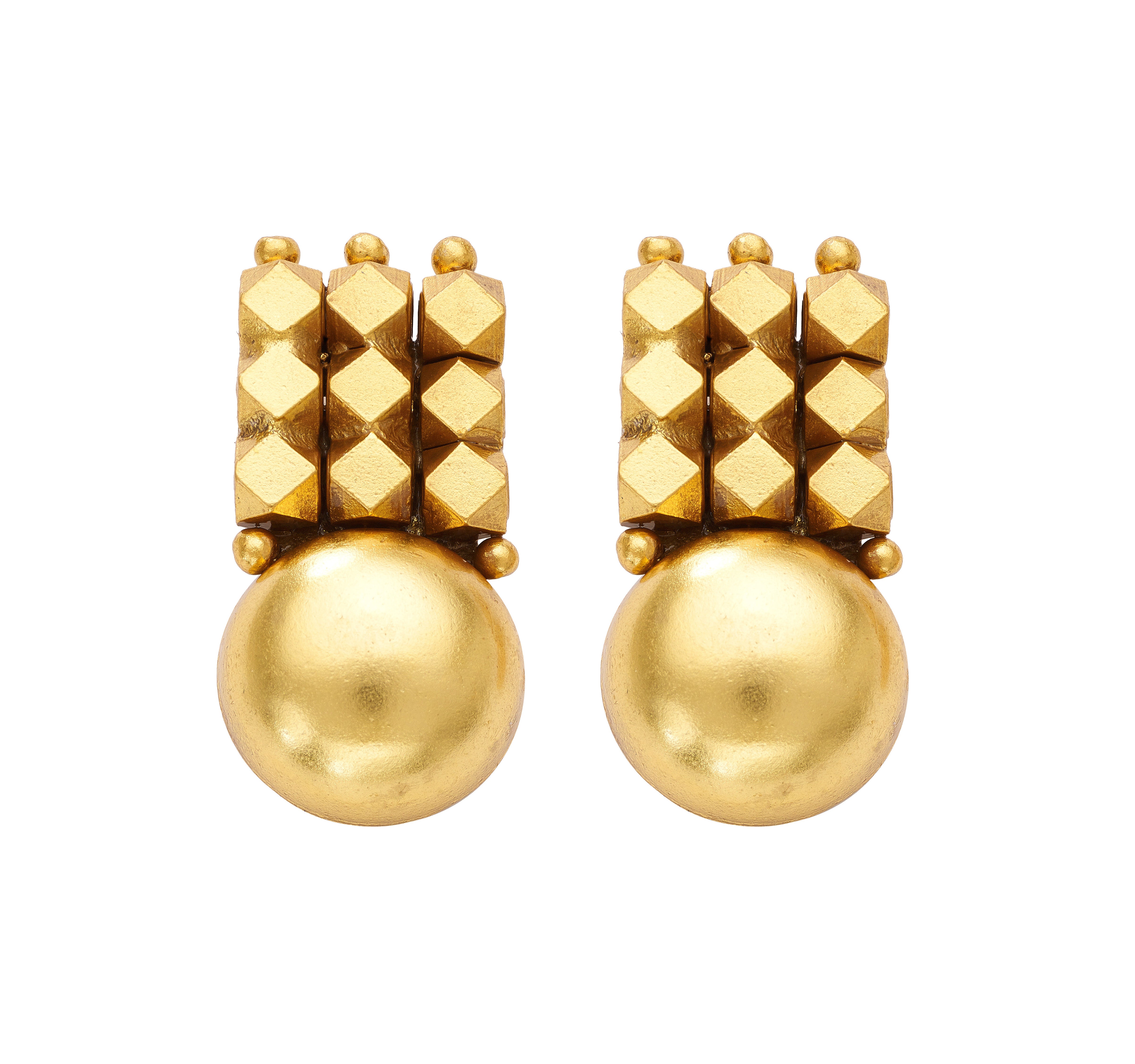 Silver Antique Gold Toned Geometric Stud Earrings with Smooth Orb Accents