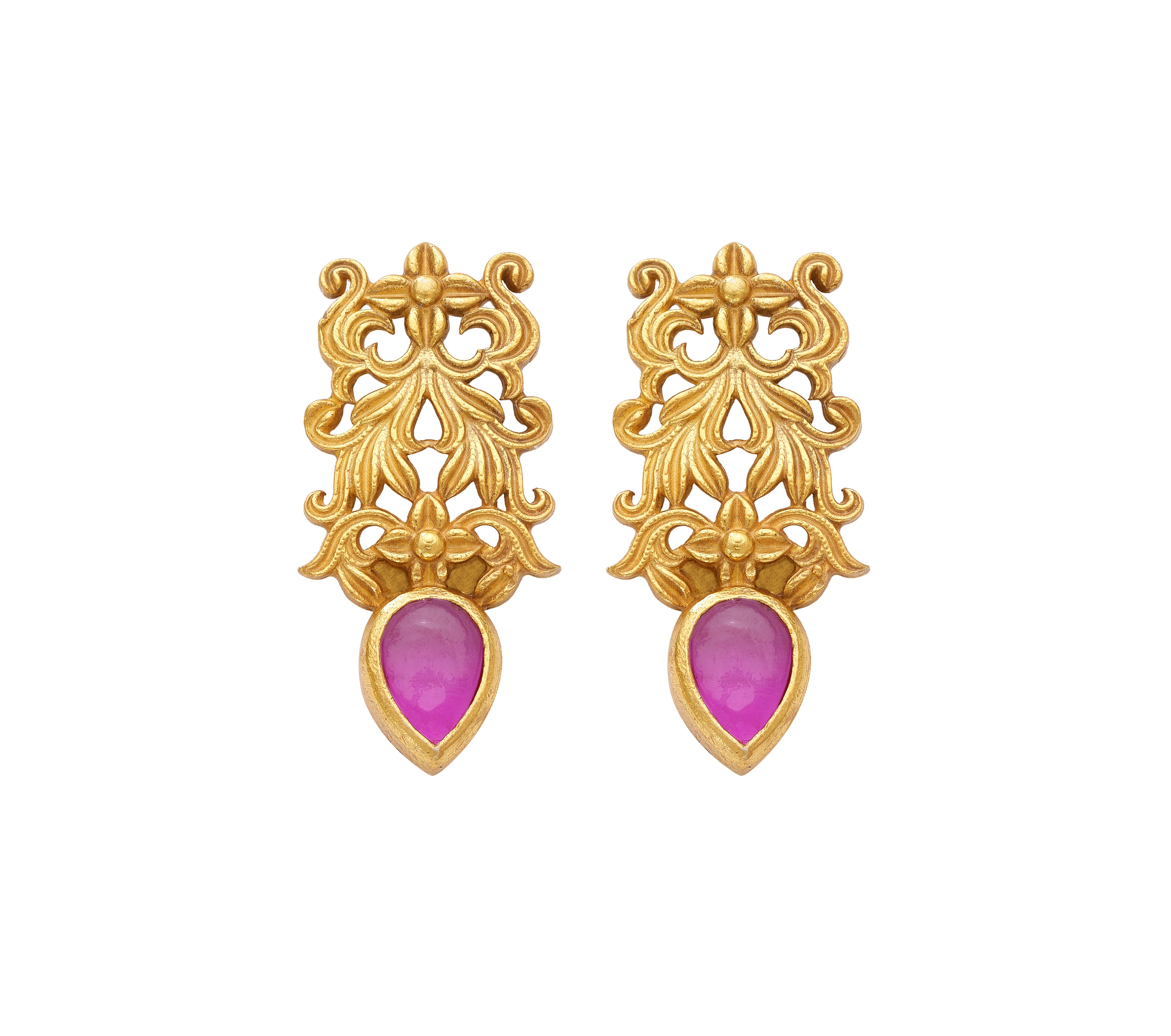 Silver Antique Gold-Toned Filigree Stud Earrings with Pink Teardrop Stones