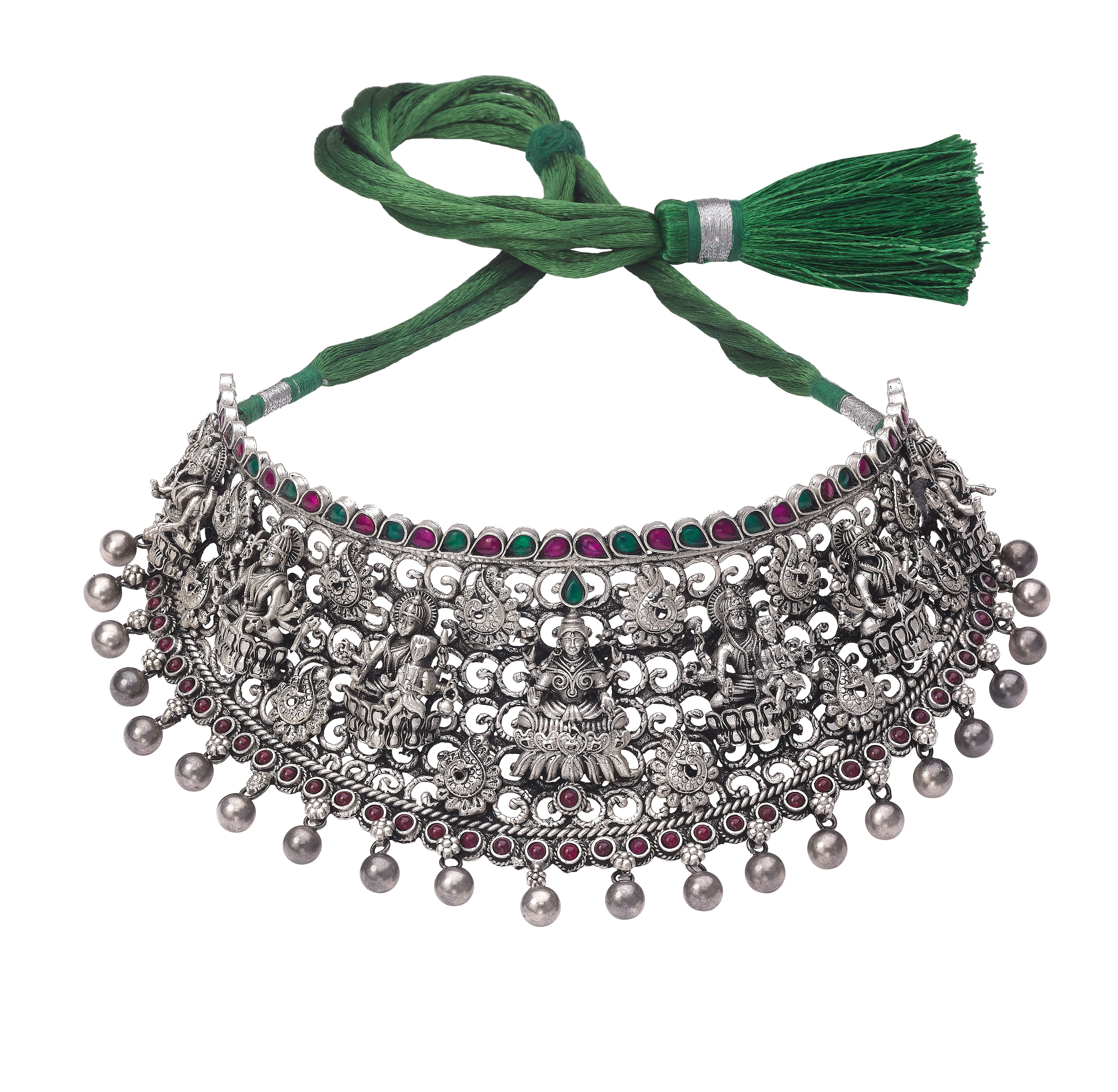 Silver Handcrafted Necklace with Green Stones