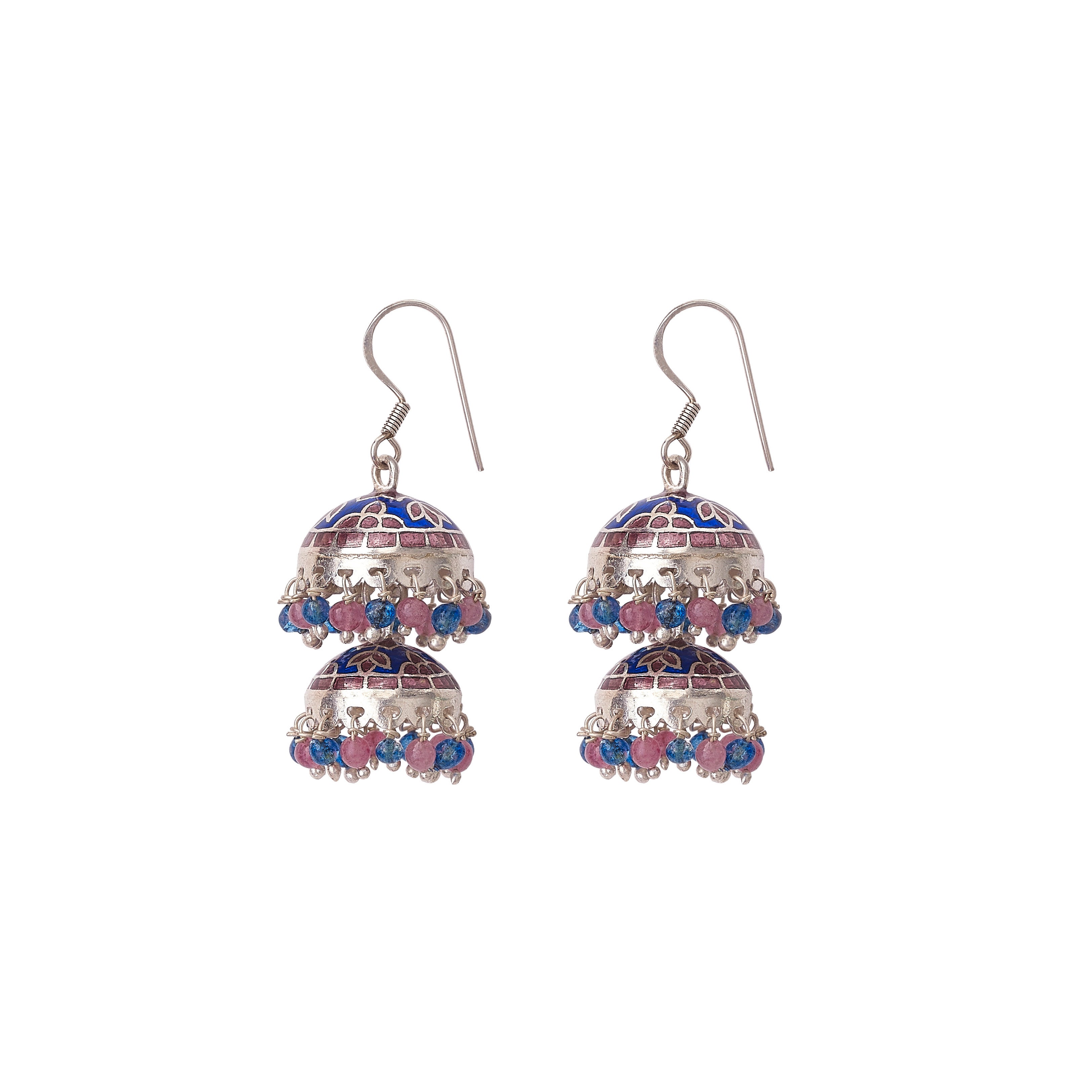 Blue & Pink Enamel Silver Earrings