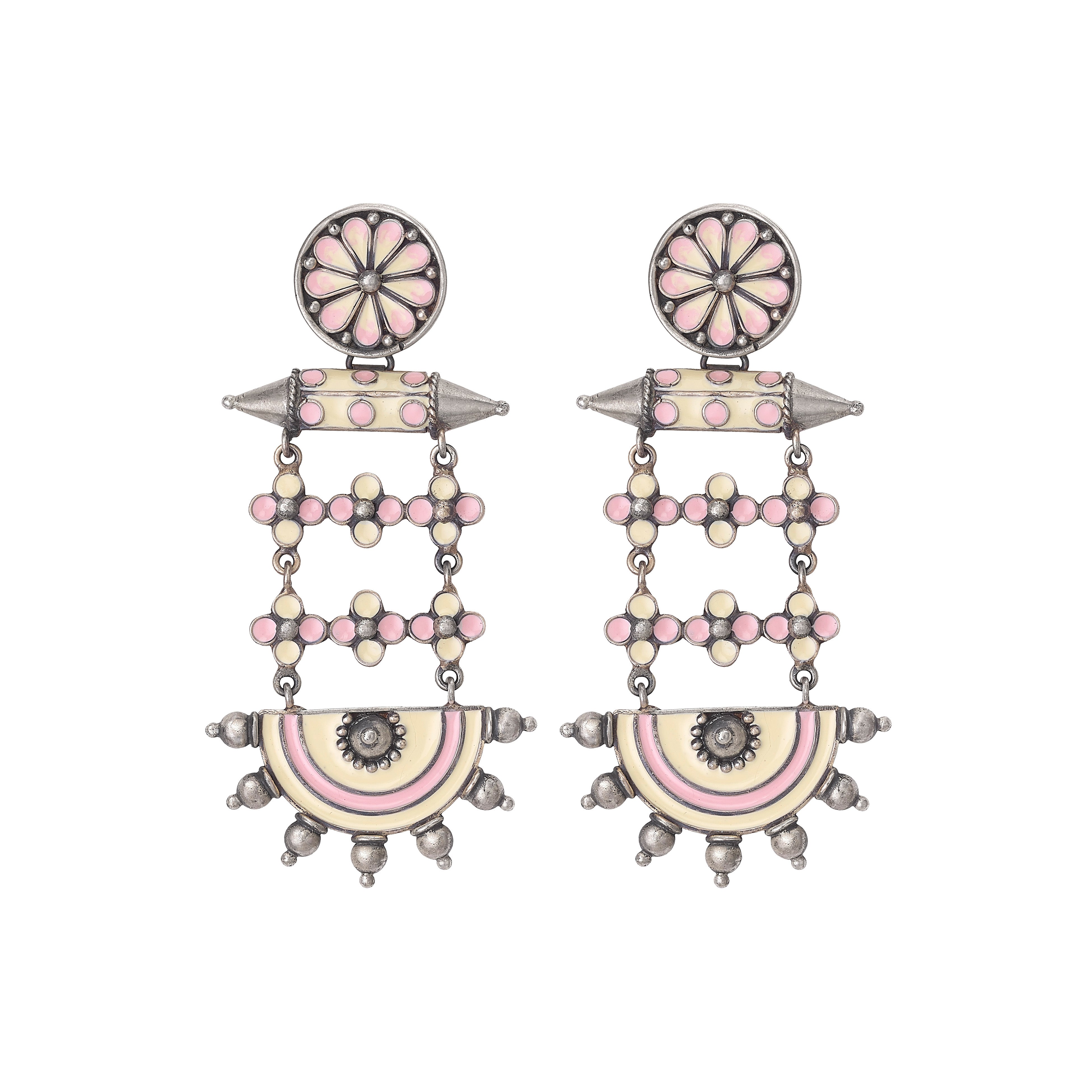 Pink & Cream Enamel Sterling Silver Earrings