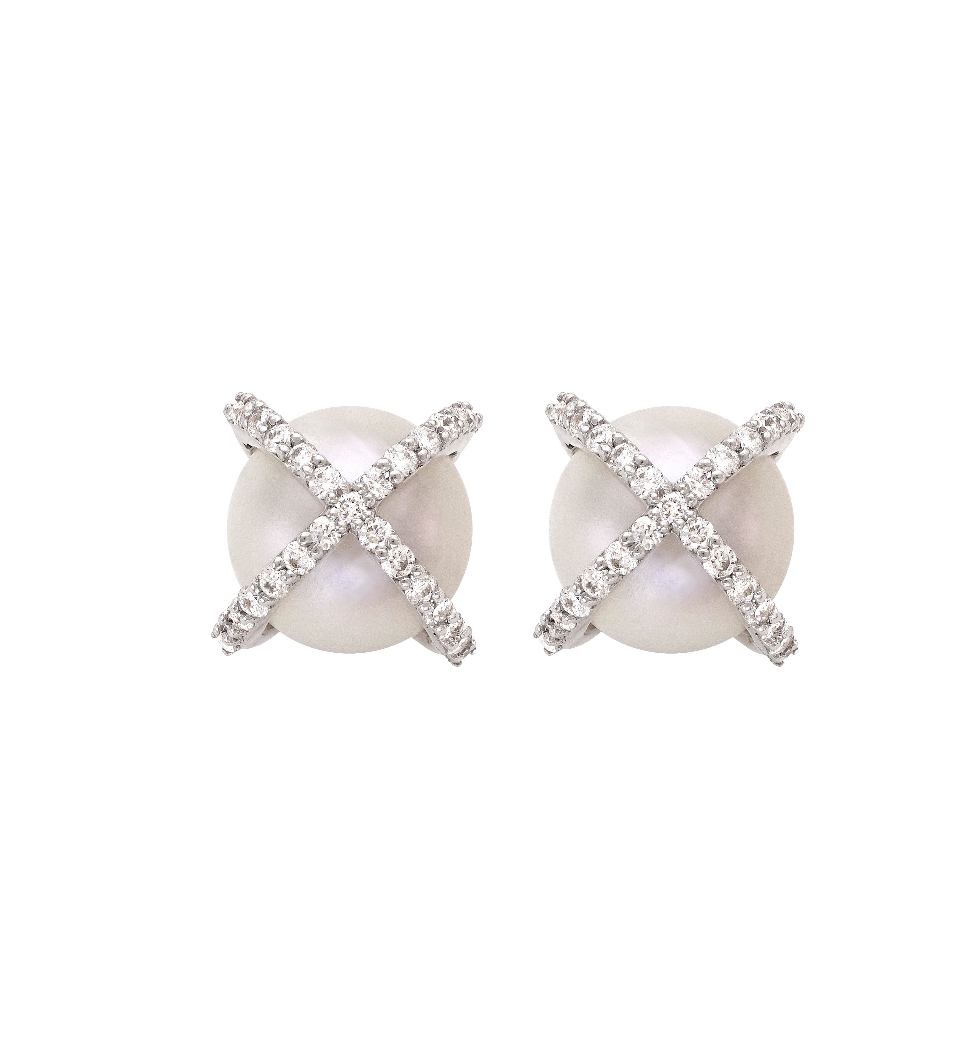 "Crossed by Diamonds" White Gold Pearl Earrings