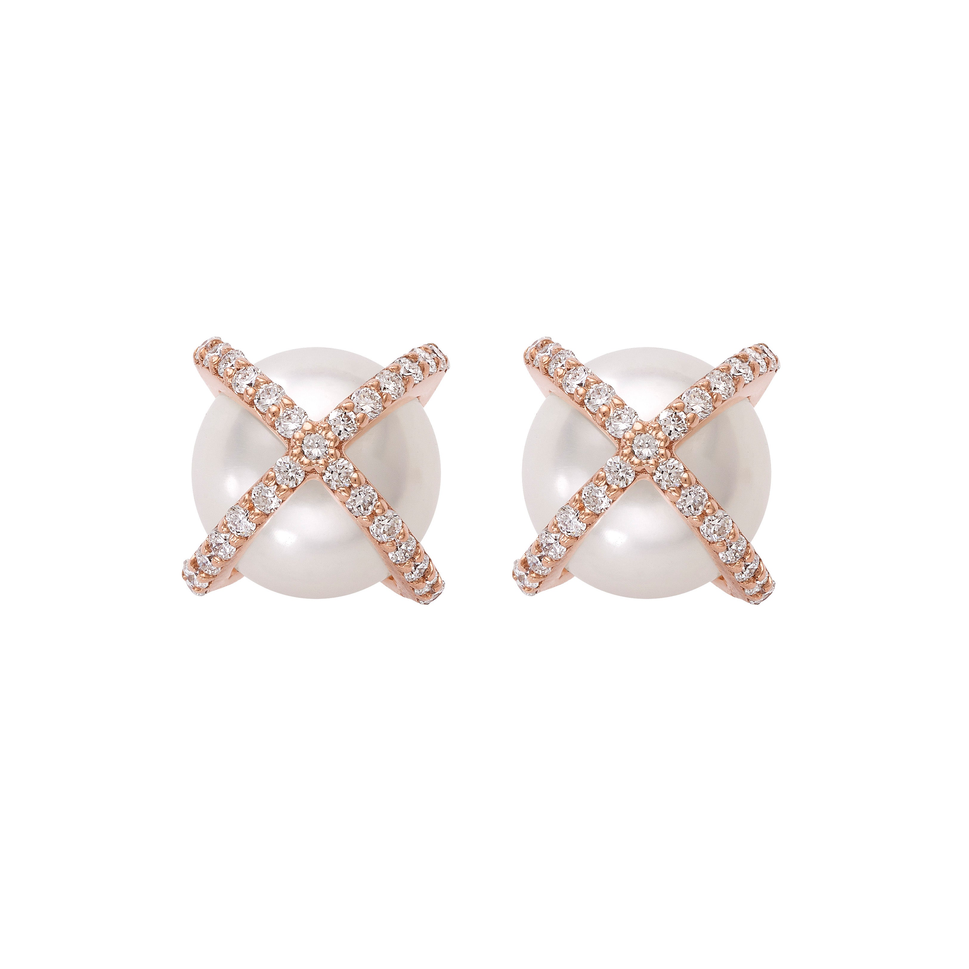 "Crossed by Diamonds" Rose Gold Pearl Earrings Devam