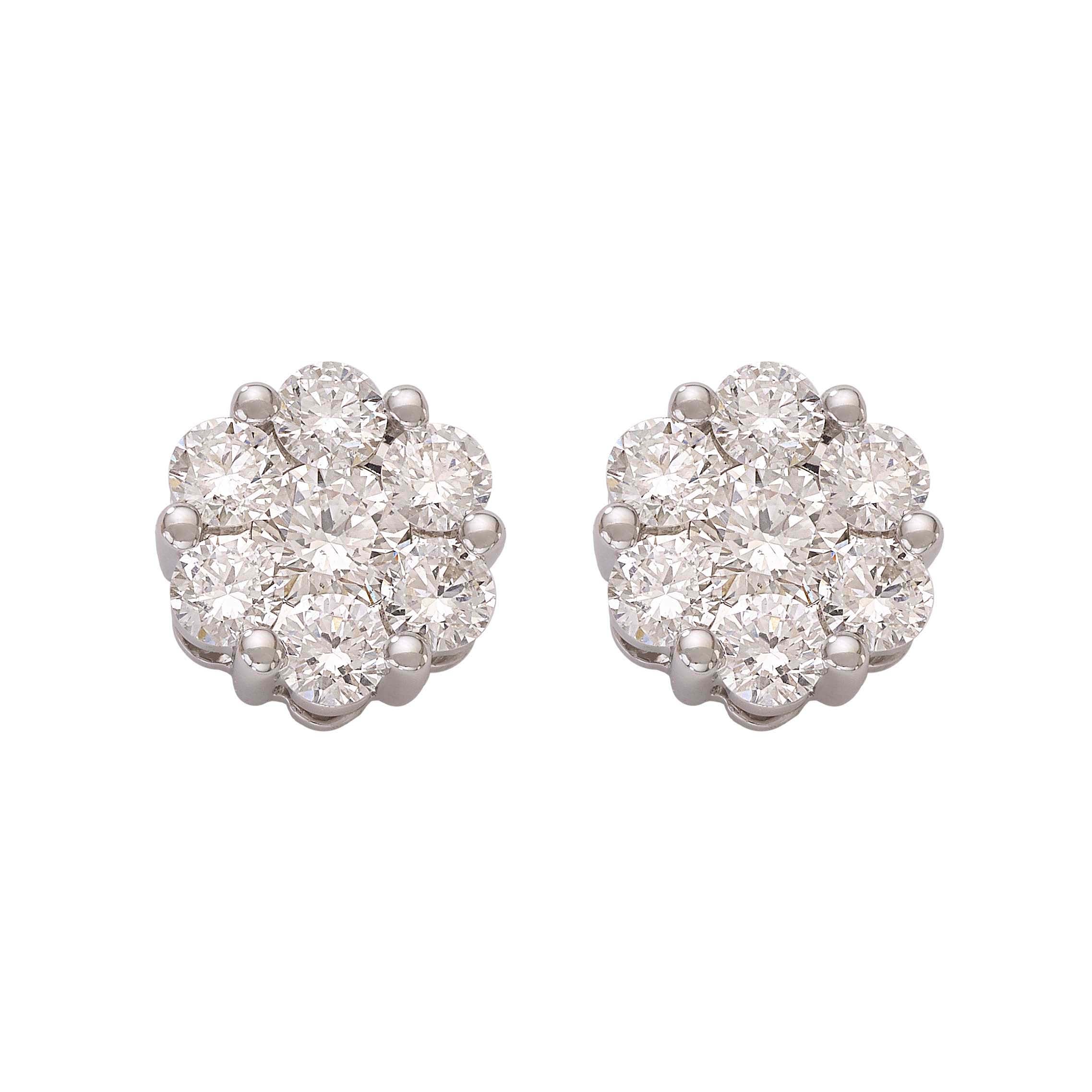 Flower-Set Stud Earrings - White Gold