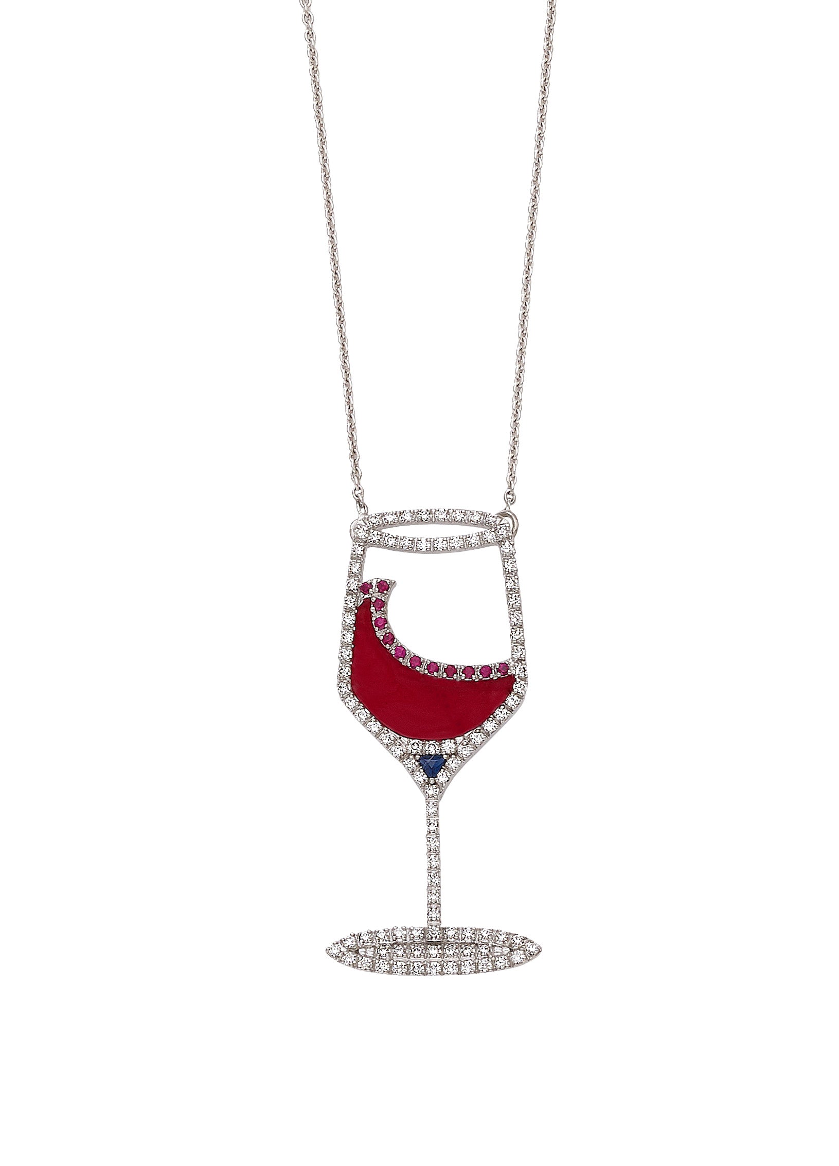 18KT White Gold Wine Glass Pendant with Diamonds, Ruby, and Blue Sapphire