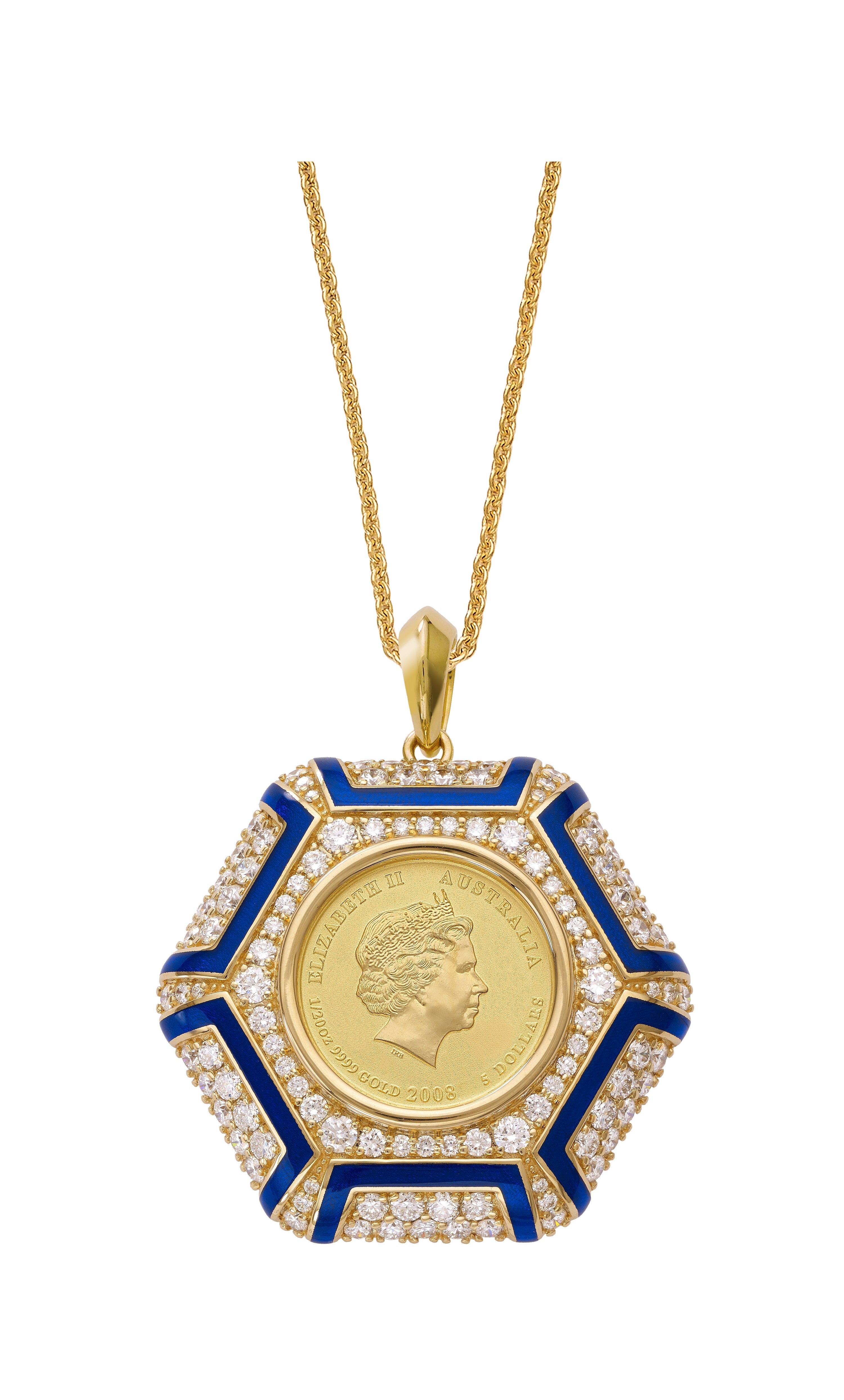 Yellow Gold Diamond & Blue Enamel Coin Pendant Devam
