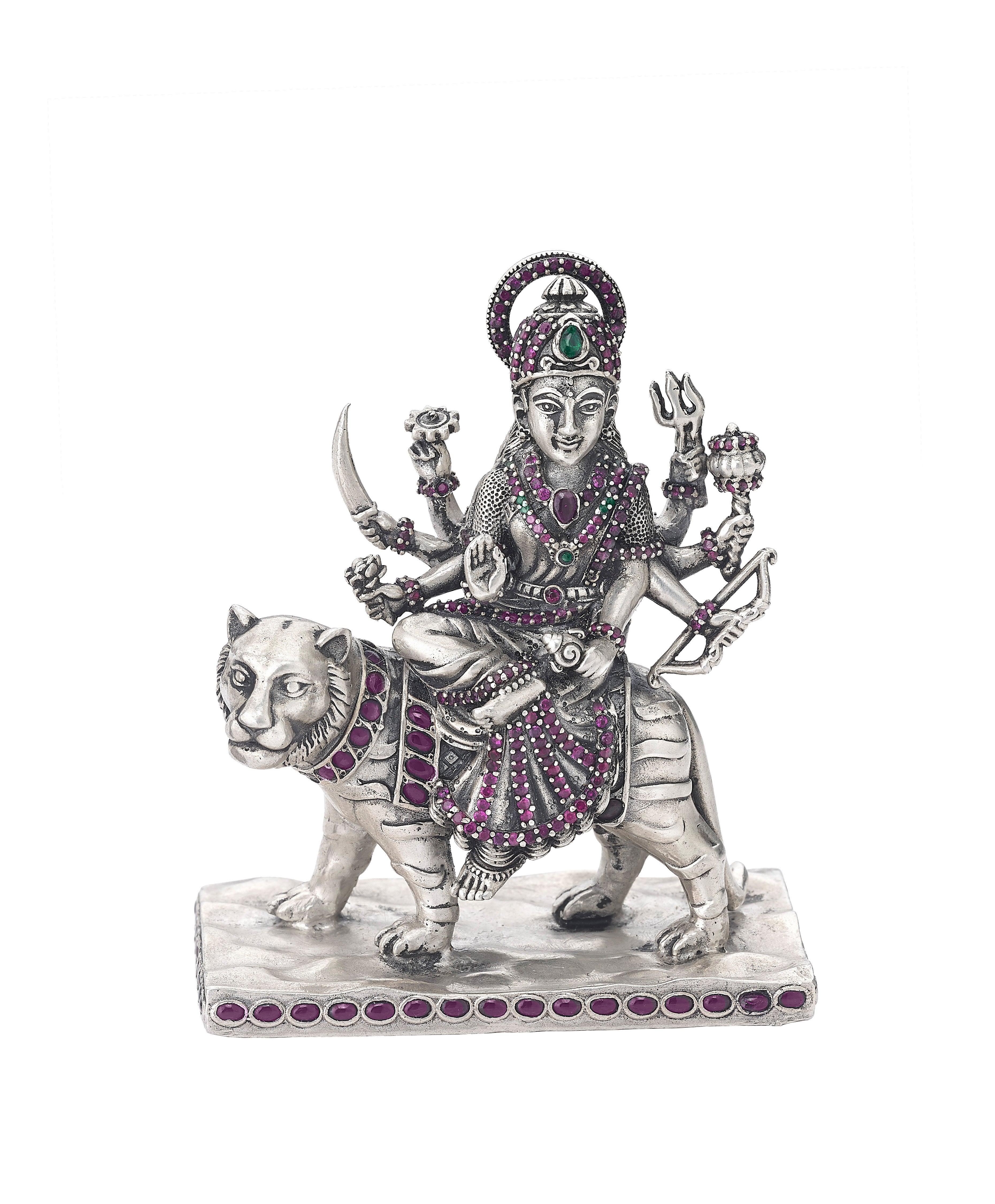 Goddess Durga Oxidized Silver Idol with Ruby and Emerald Stone Embellishments
