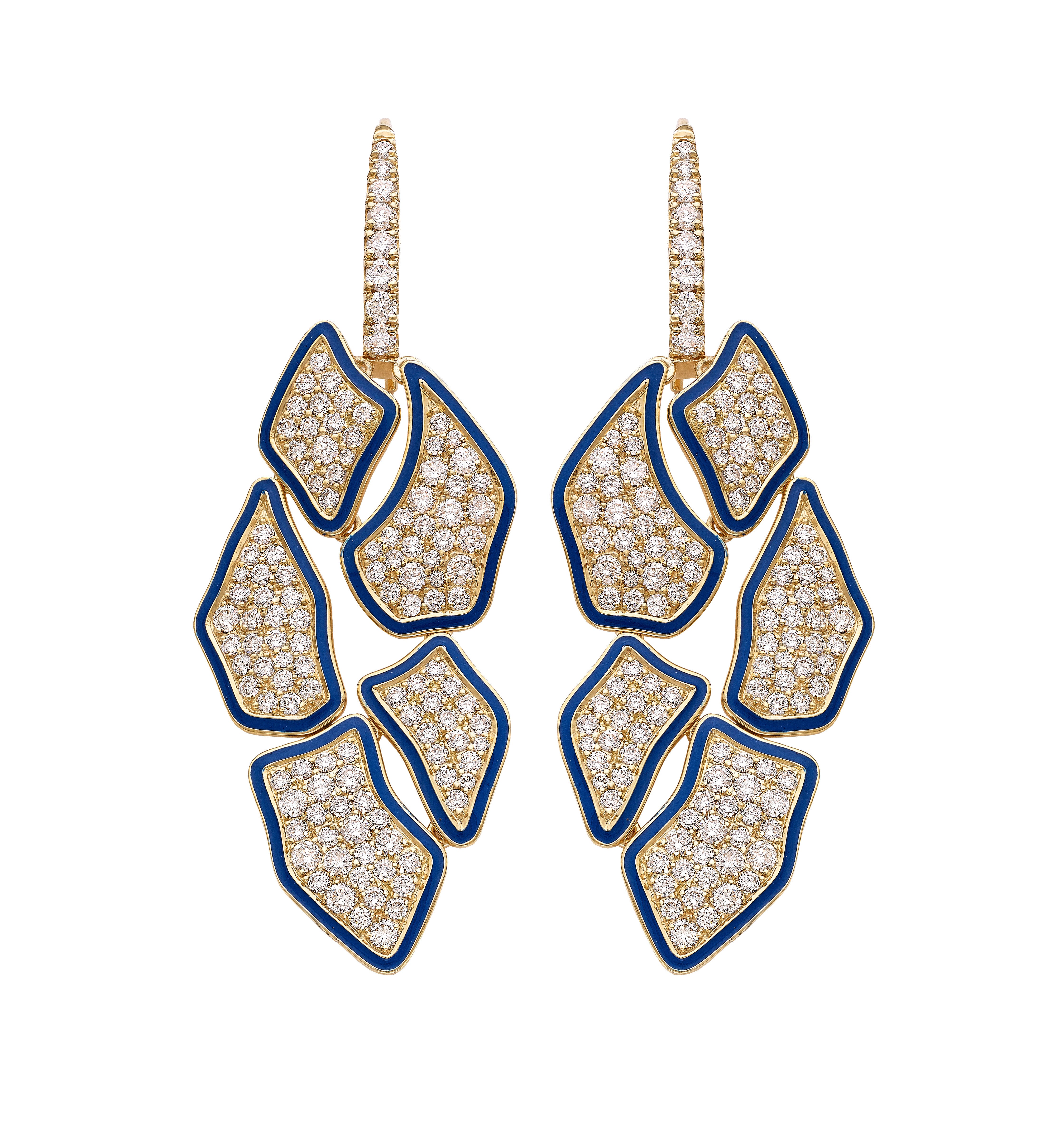 Elegant 18KT Yellow Gold Diamond Earrings with Blue Enamel