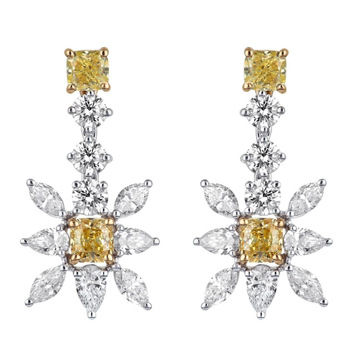 Floral Diamond Drop Earrings in 18KT Yellow & White Gold Devam
