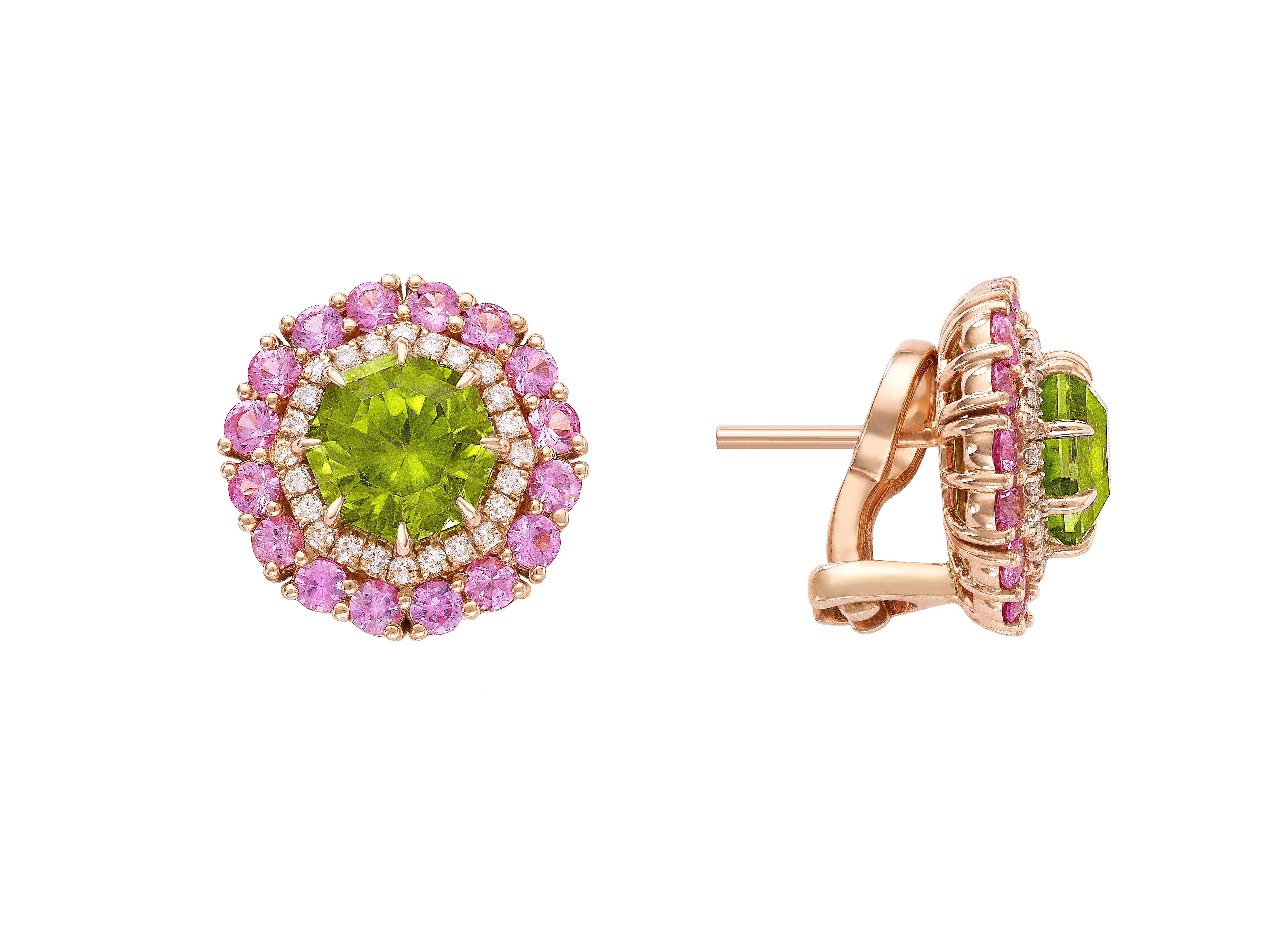 Peridot & Pink Sapphire Diamond Halo Stud Earrings