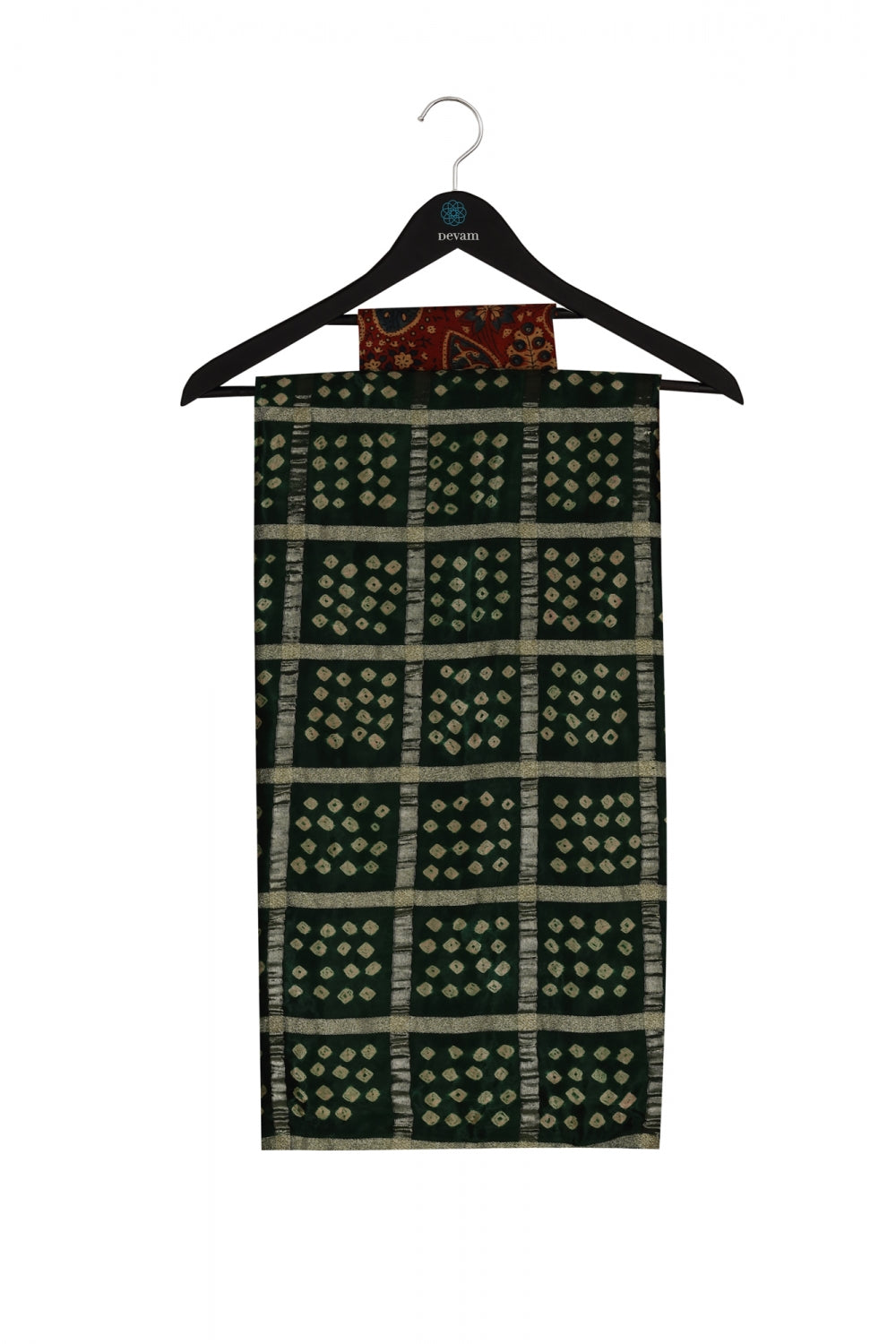 Ajrakh Hand Block Printed and Bandhej Silk Handloom Saree Devam