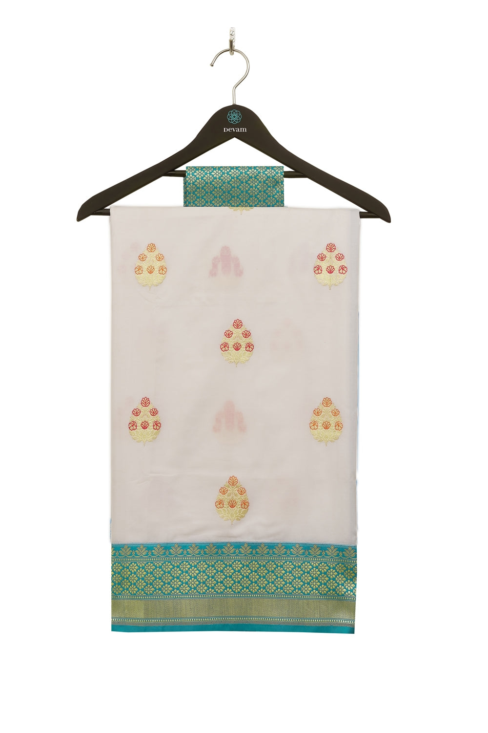 Beige & Teal Golden Handloom Silk Banarasi Saree Devam