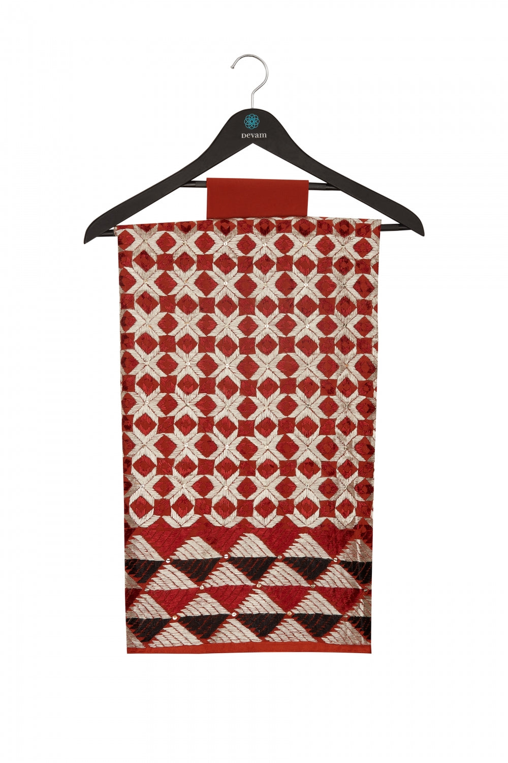 Checkered Red Phulkari Hand Embroidered Saree Devam