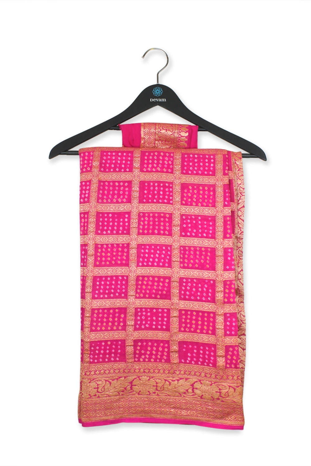 Deep Pink Golden Floral Checker Georgette Bandhej Saree Devam