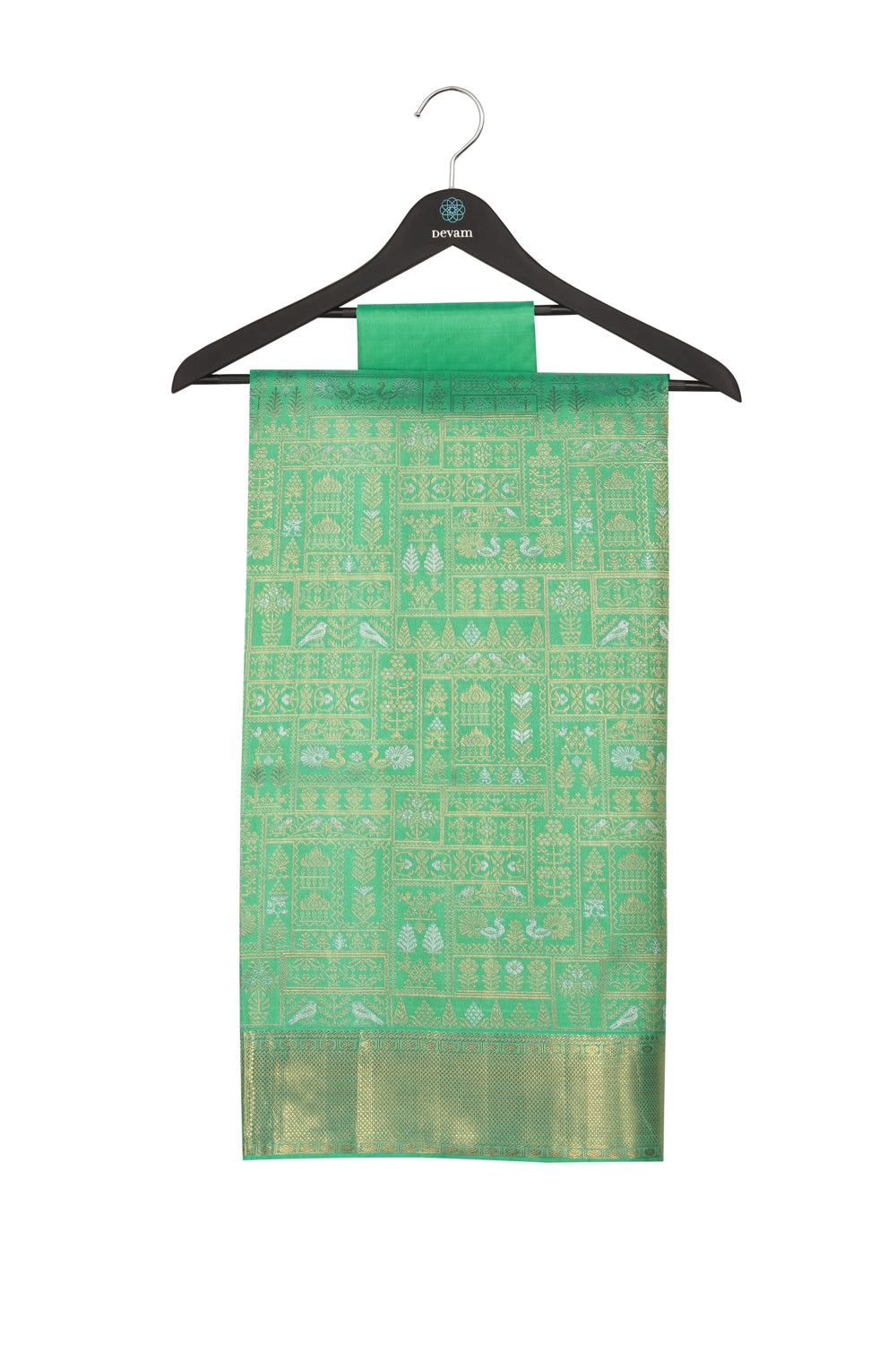 Emerald Peacock Real Jari Silk Kanjeevaram Saree Devam