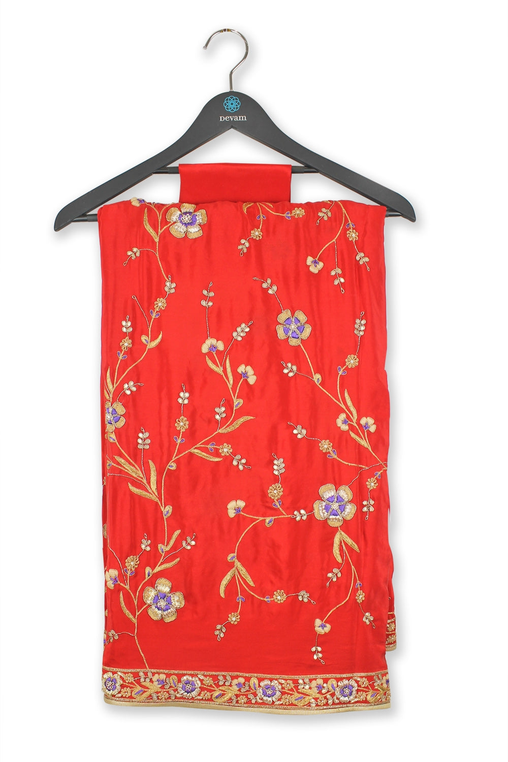 Fiery Red Hand Embroidered Silk Banarasi Saree Devam