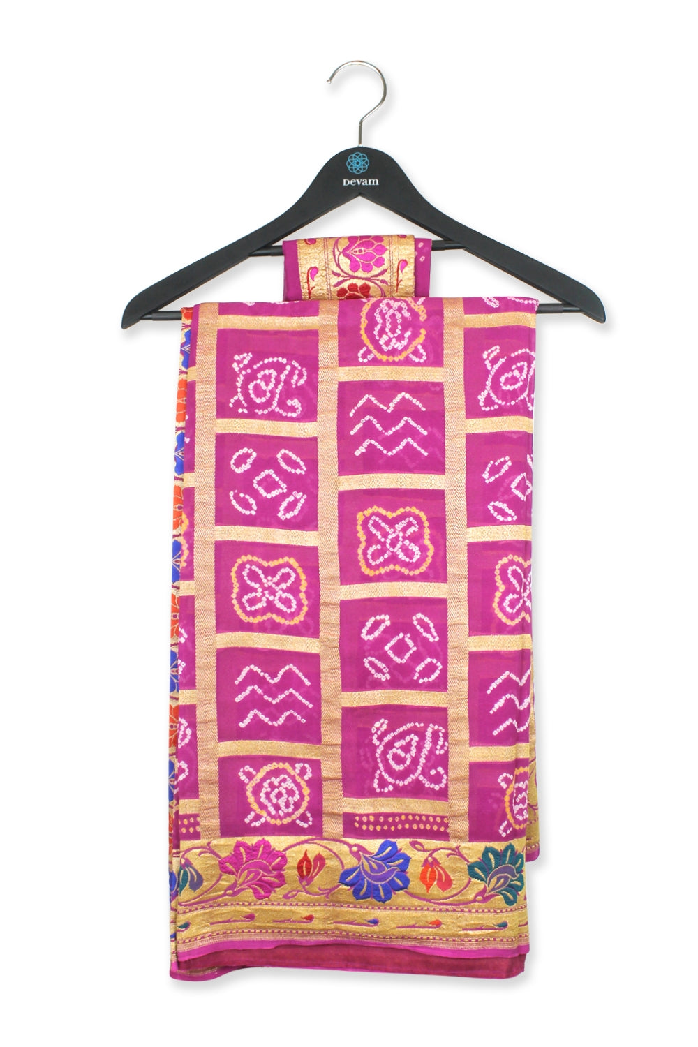 Fuchsia & Golden Tiled Georgette Bandhej Saree Devam