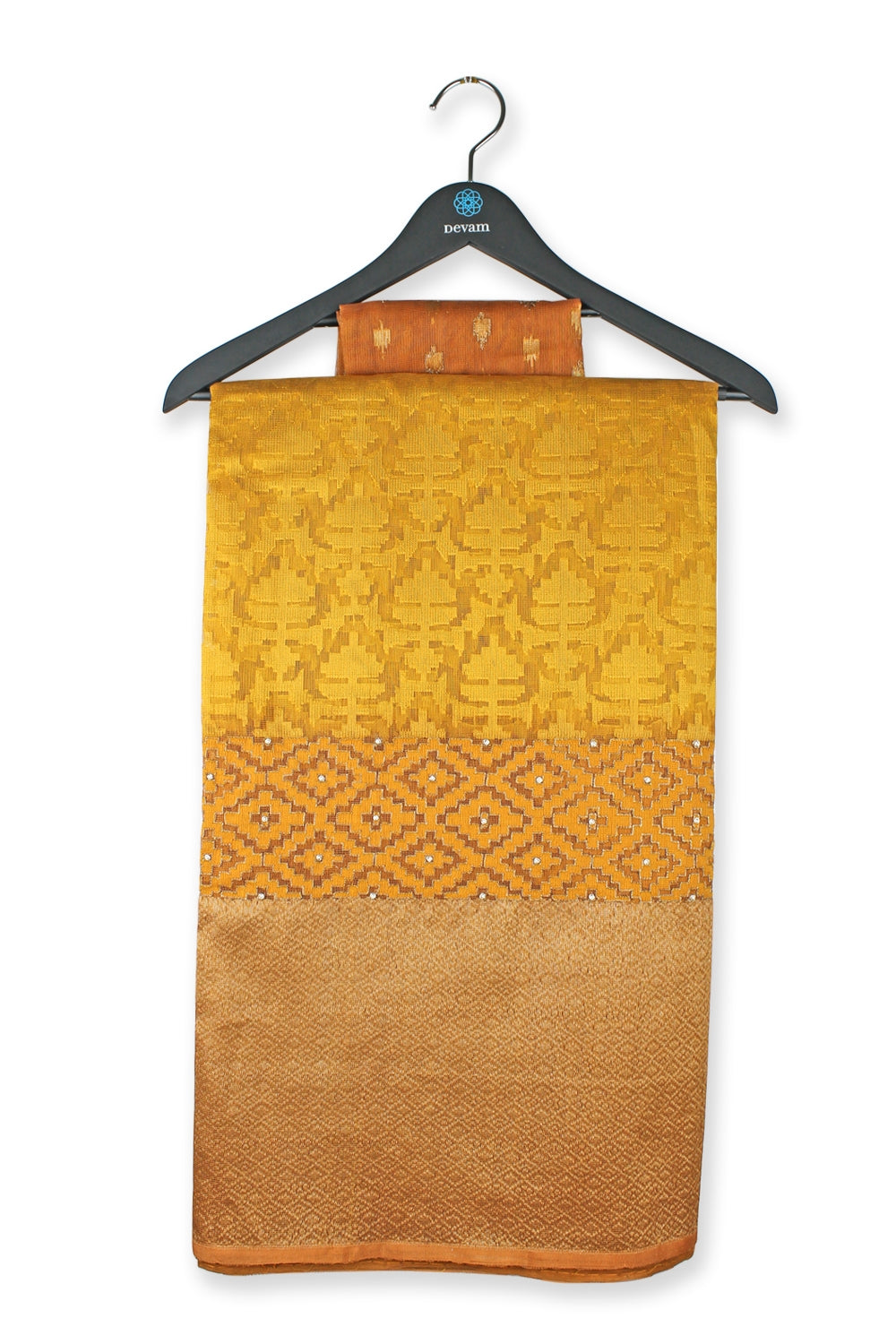 Golden Bananasi Hand Loom Net Embroidered Silk Saree Devam